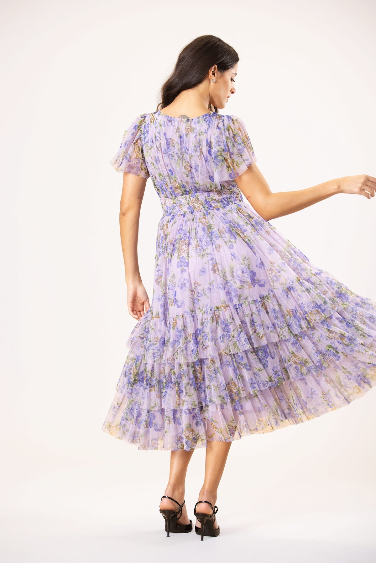 Smocked Madison Tulle Midi Dress in Lilac Print