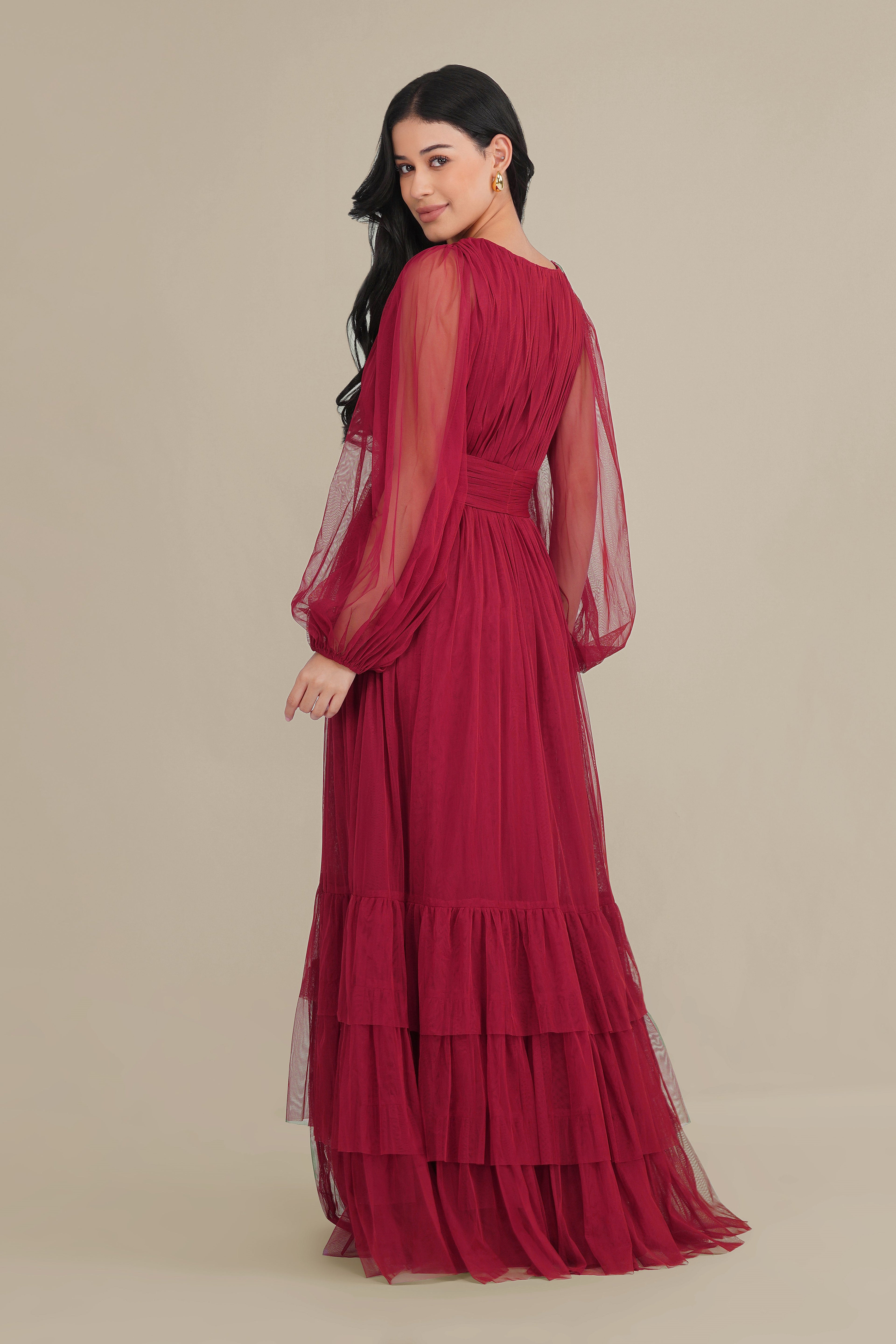 Madison Long Sleeve Tulle Wrap Maxi Dress in Raspberry