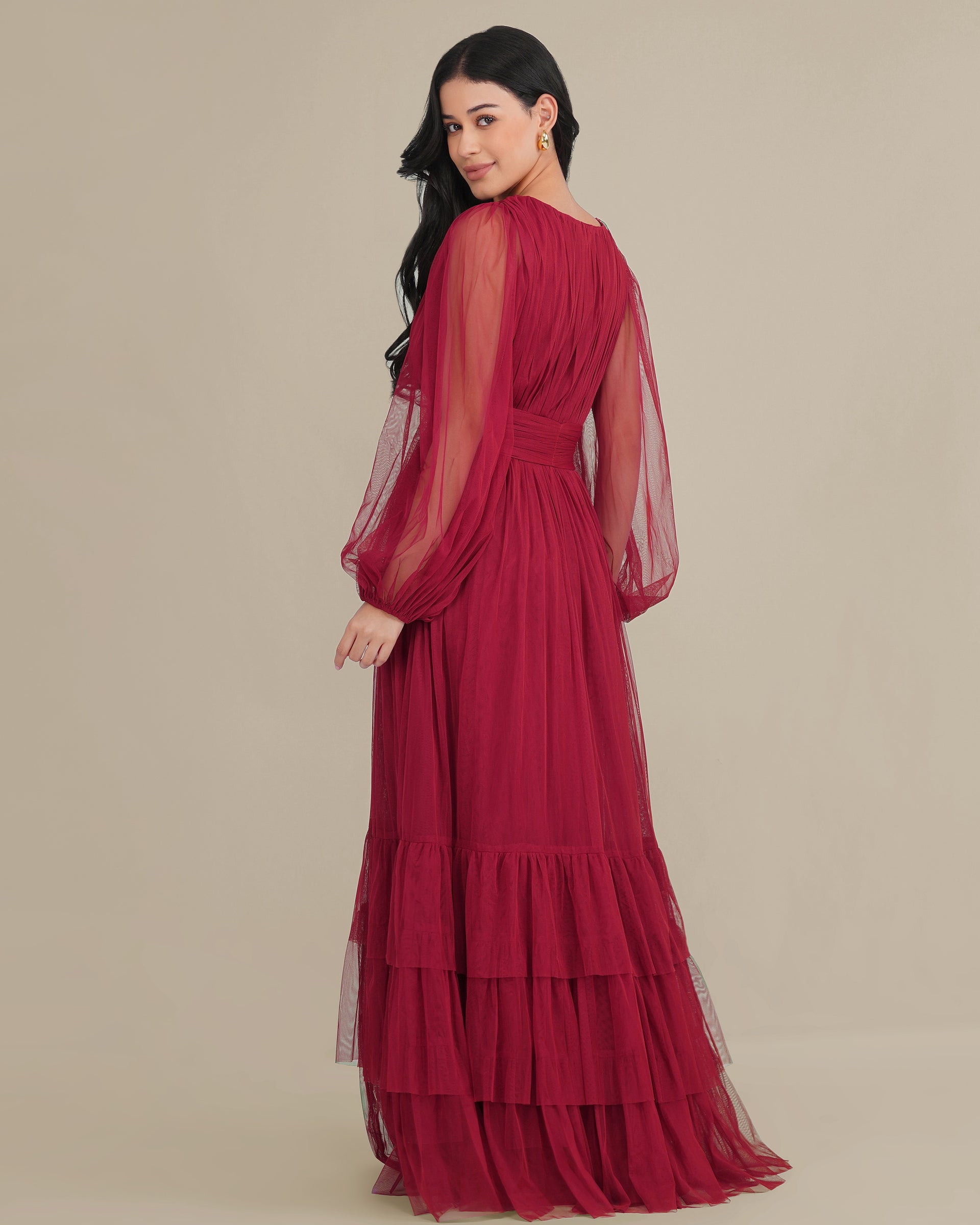 Madison Long Sleeve Tulle Wrap Maxi Dress in Raspberry