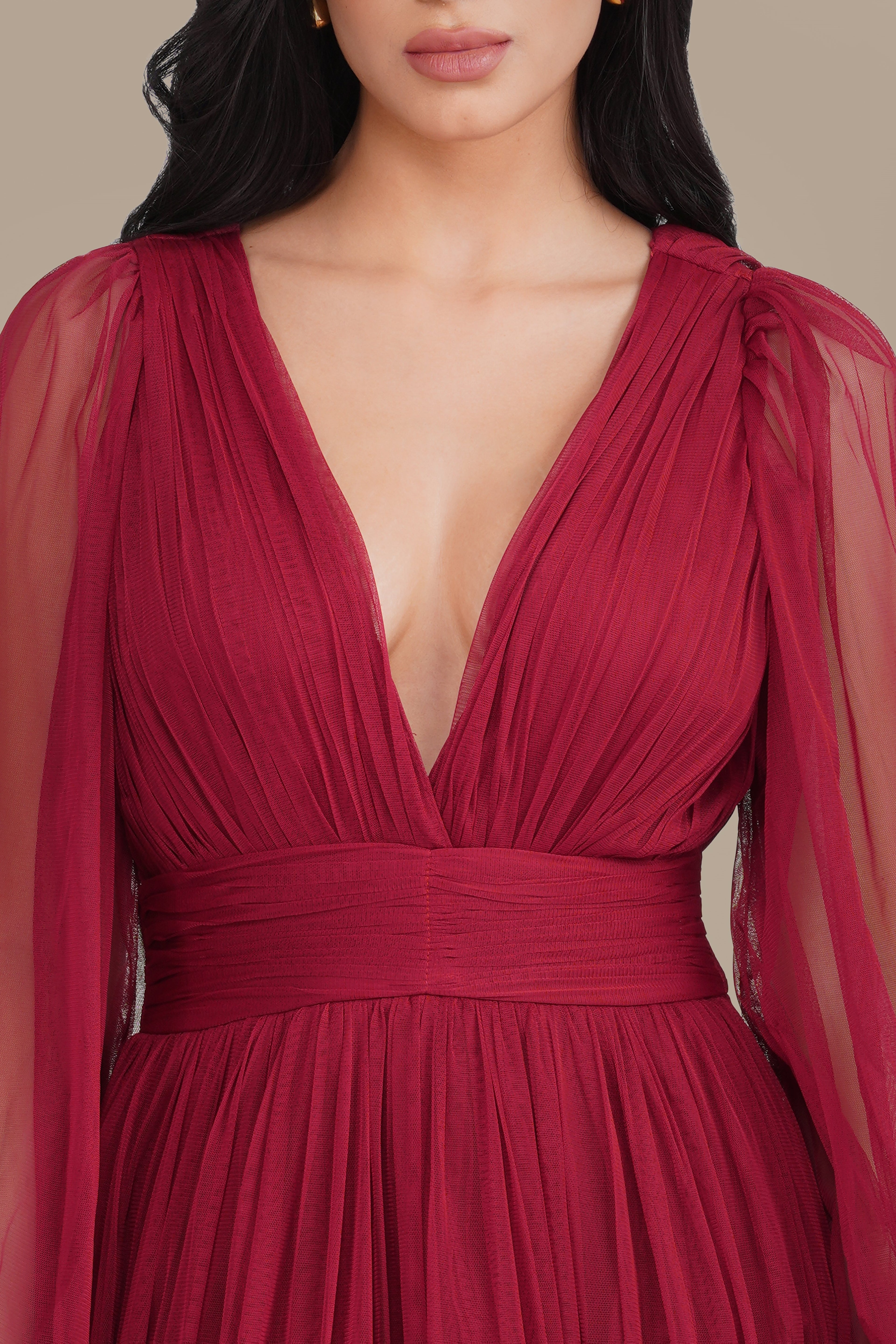 Madison Long Sleeve Tulle Wrap Maxi Dress in Raspberry