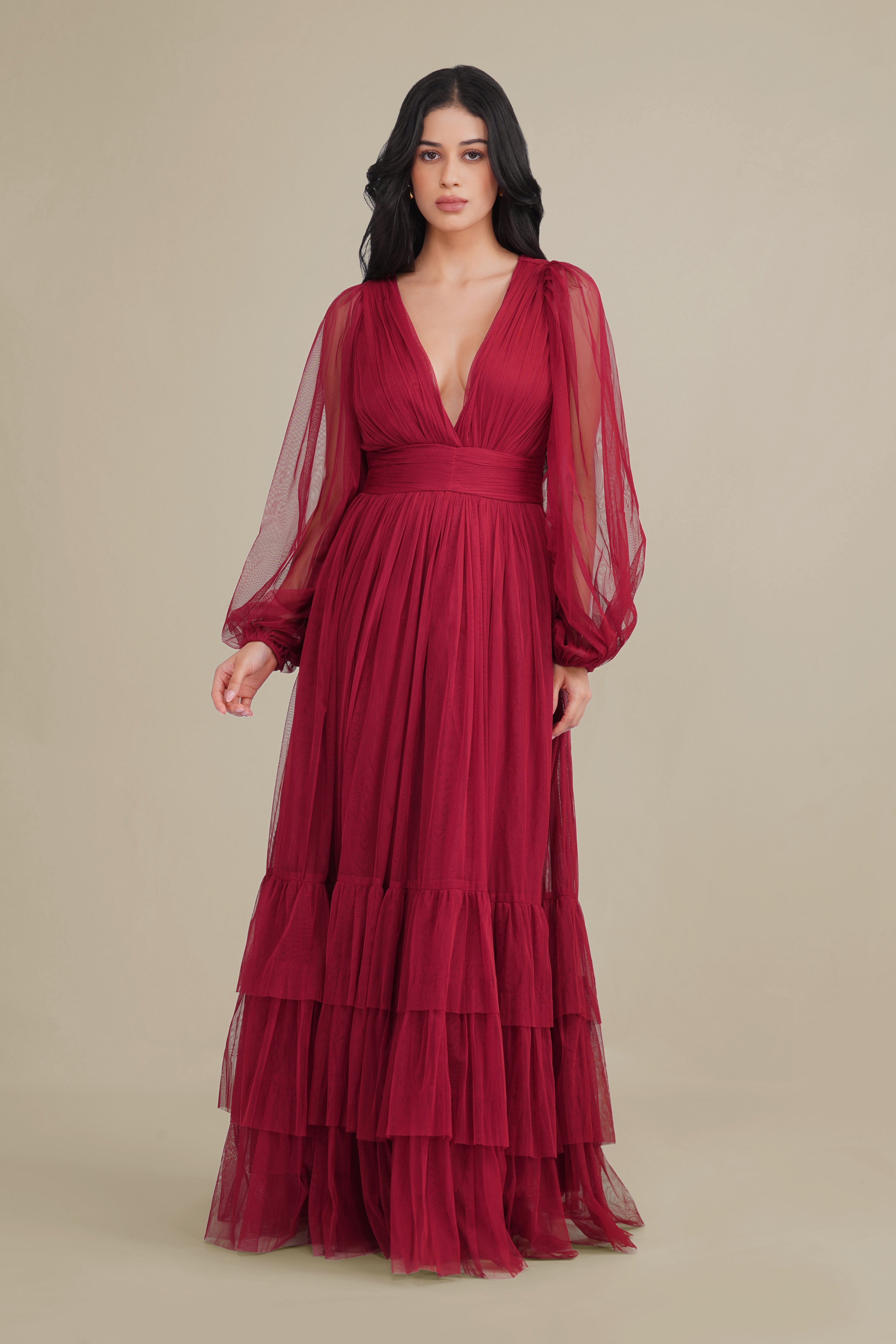 Madison Long Sleeve Tulle Wrap Maxi Dress in Raspberry