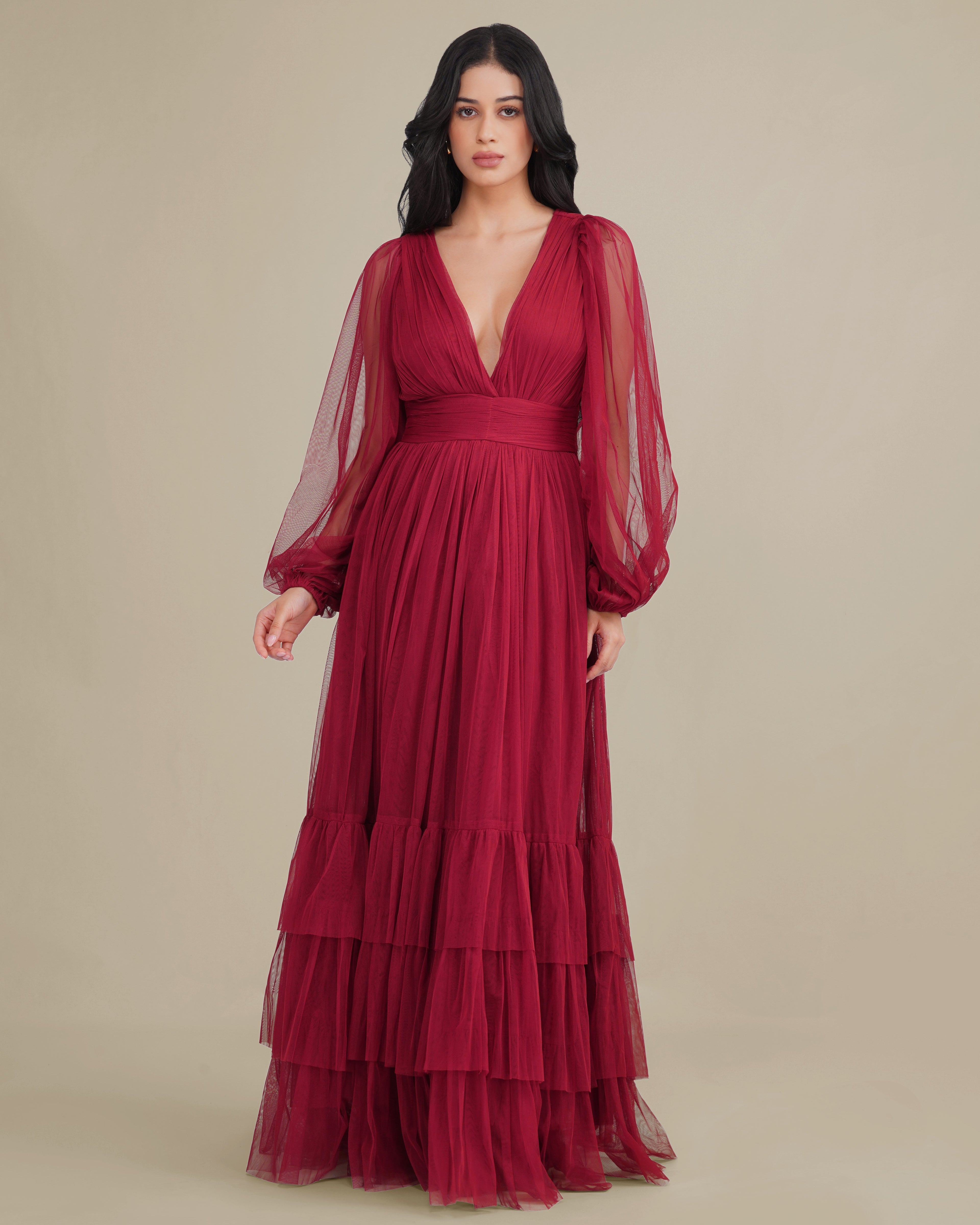 Madison Long Sleeve Tulle Wrap Maxi Dress in Raspberry