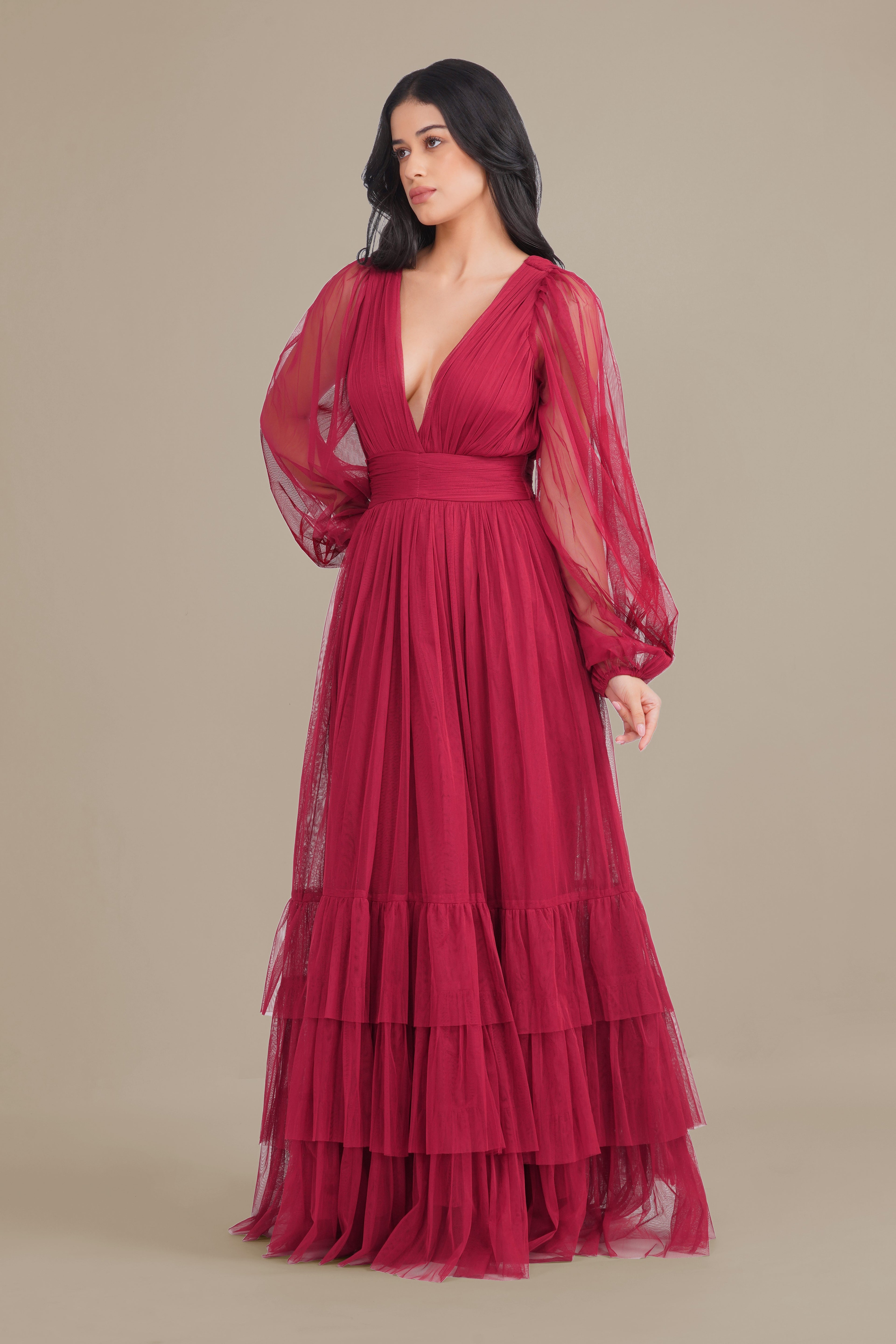 Madison Long Sleeve Tulle Wrap Maxi Dress in Raspberry