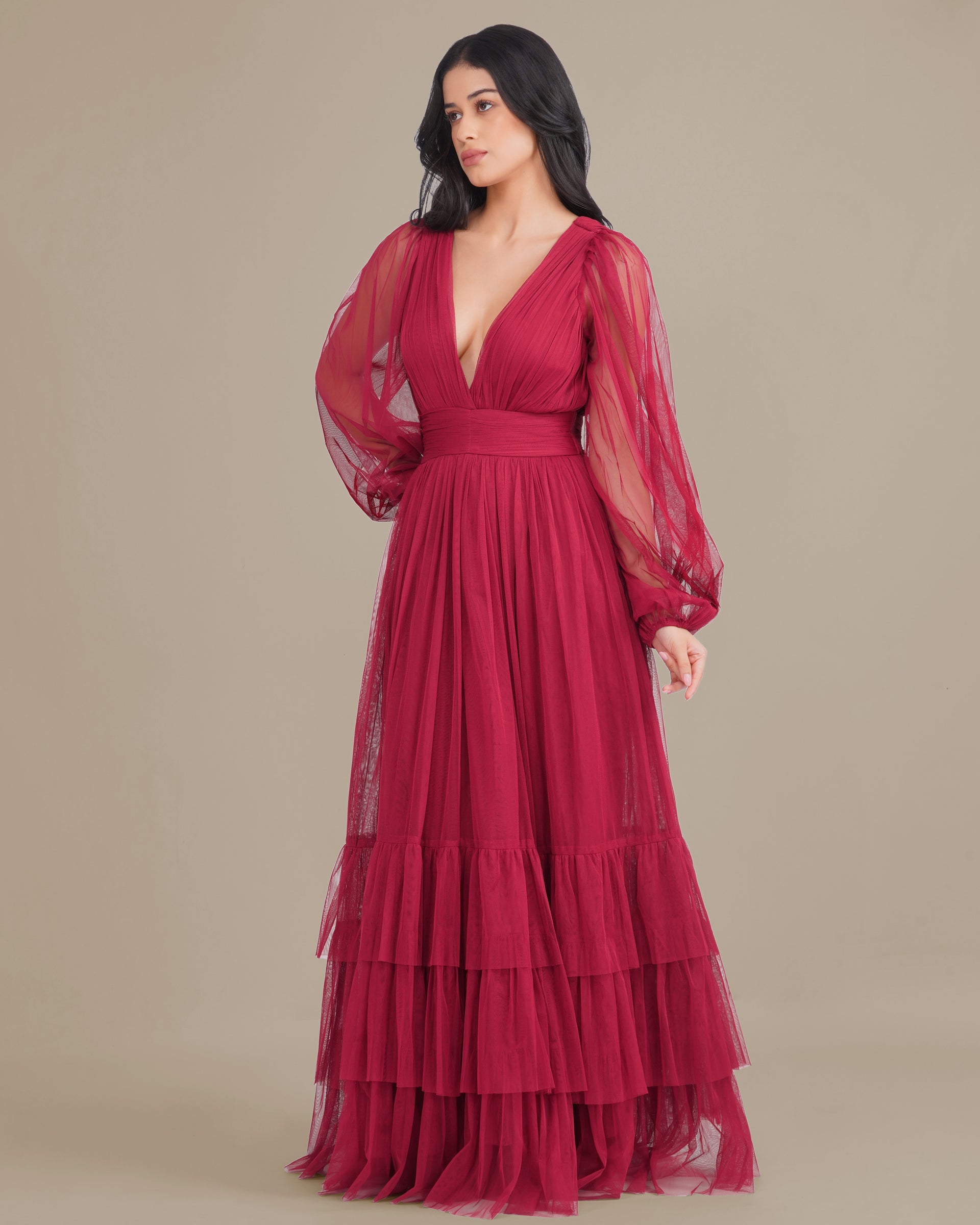 Madison Long Sleeve Tulle Wrap Maxi Dress in Raspberry