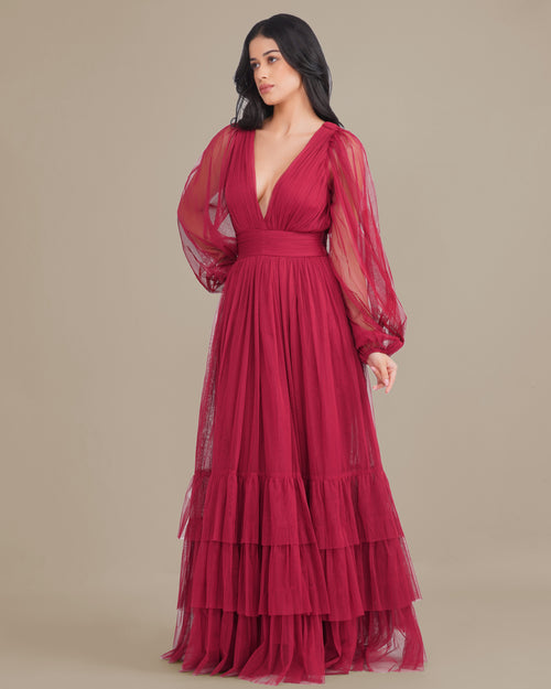 Madison Long Sleeve Tulle Wrap Maxi Dress in Raspberry