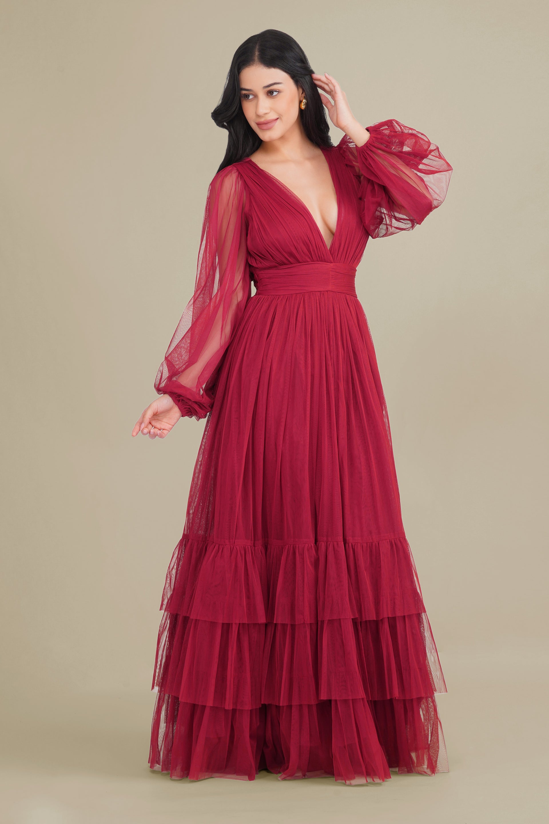 Madison Long Sleeve Tulle Wrap Maxi Dress in Raspberry
