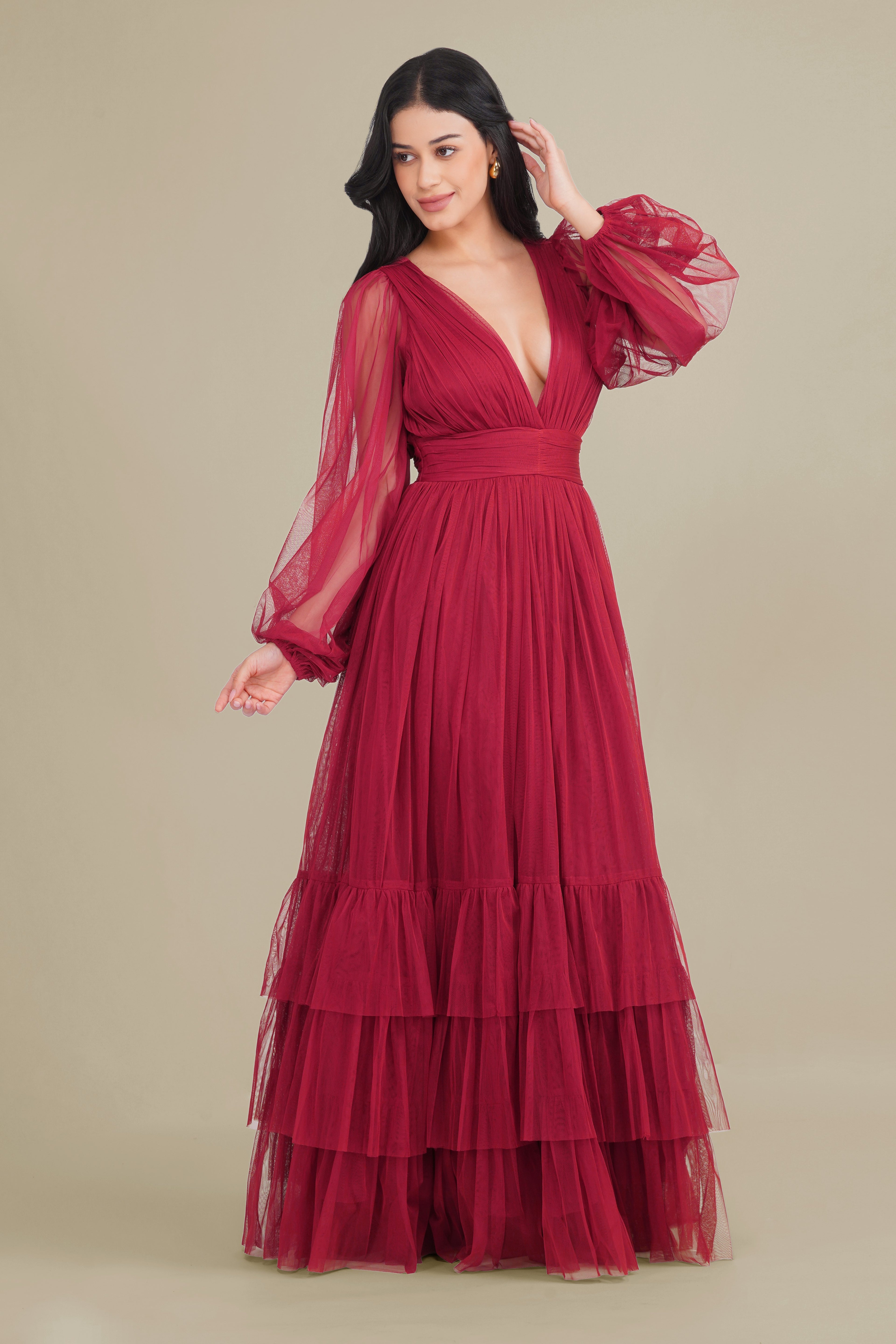 Madison Long Sleeve Tulle Wrap Maxi Dress in Raspberry