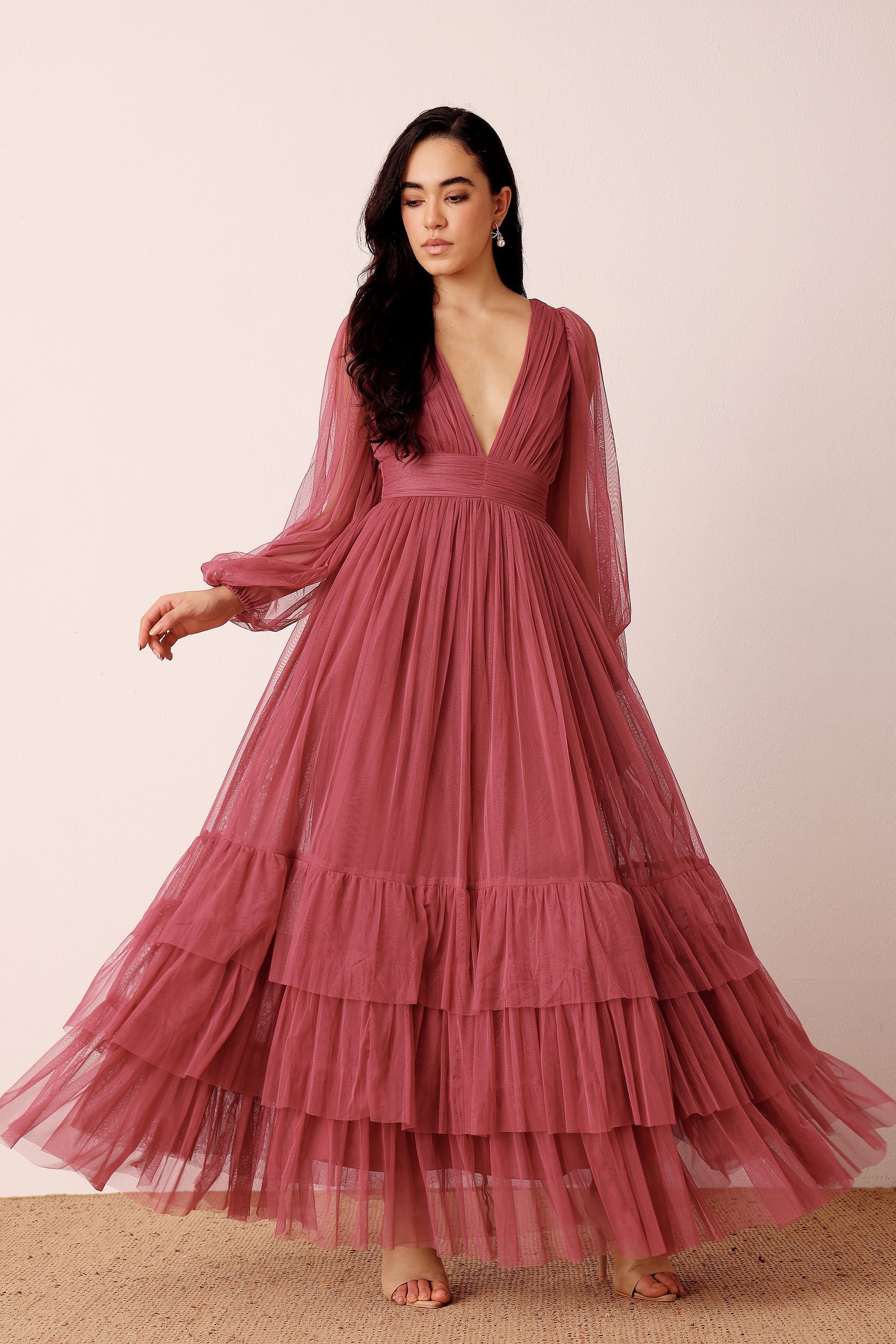 Madison Long Sleeve Tulle Maxi Dress in Orchid