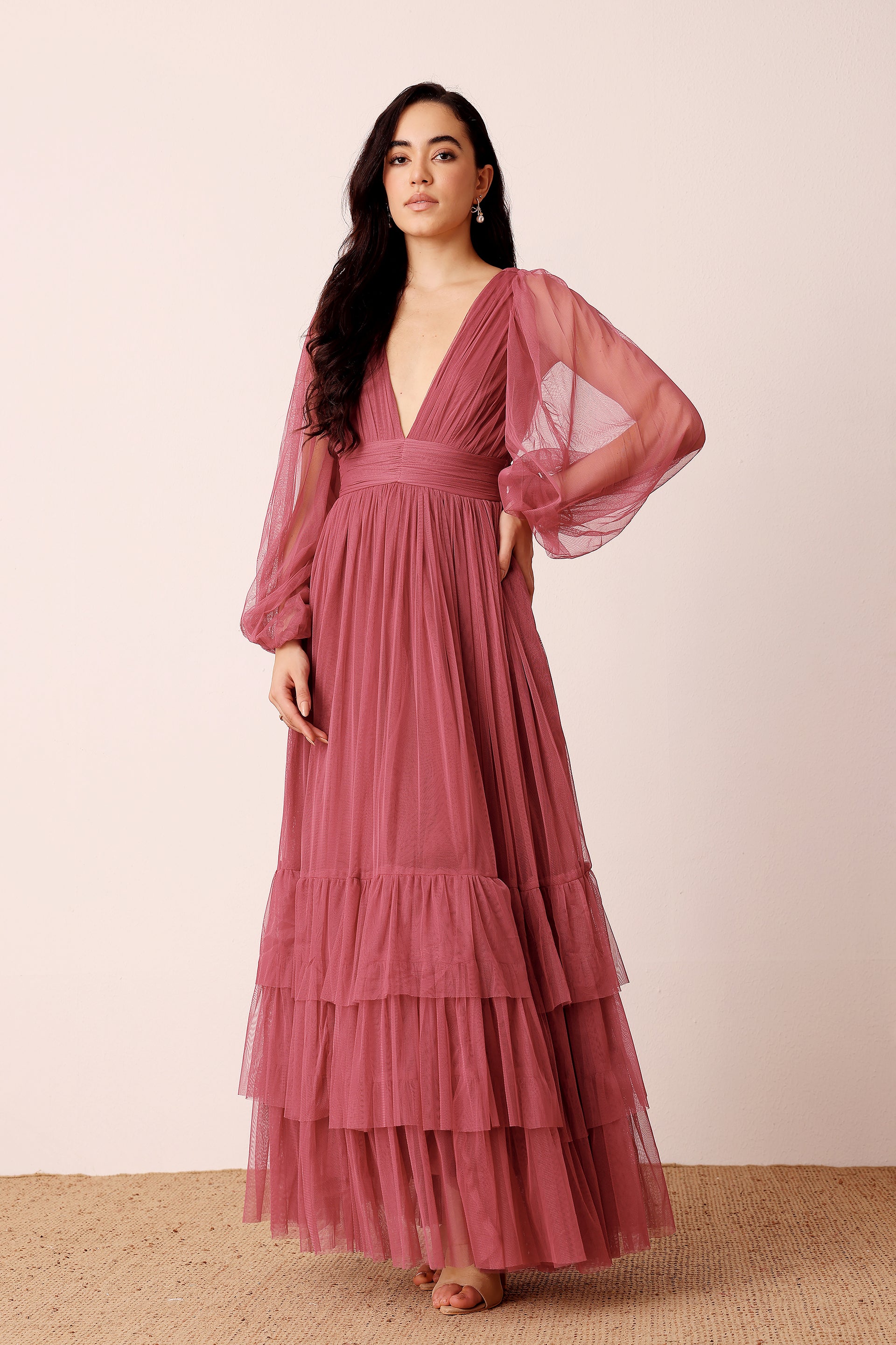 Madison Long Sleeve Tulle Maxi Dress in Orchid