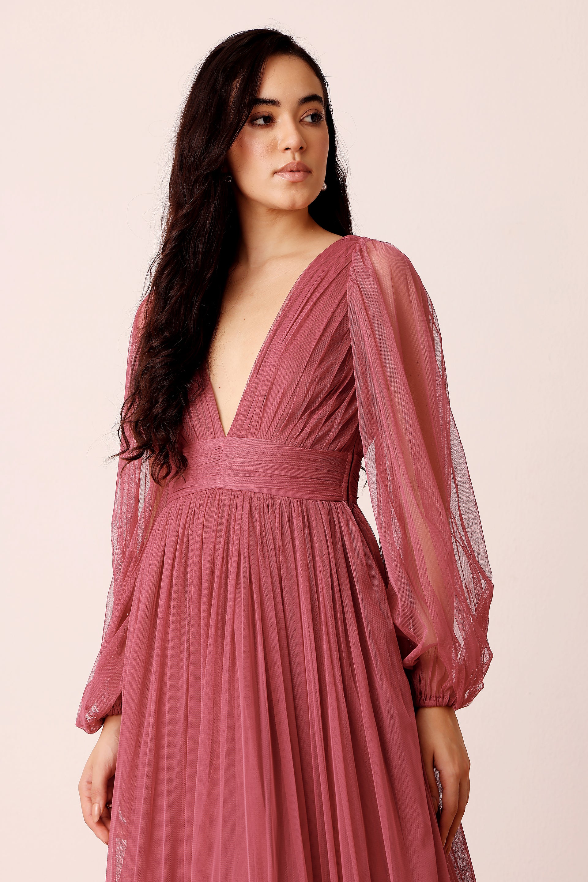 Madison Long Sleeve Tulle Maxi Dress in Orchid