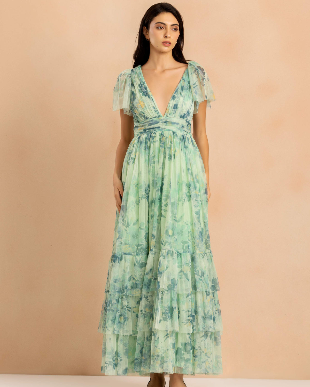 Madison Tulle Maxi Dress in Light Sage Floral