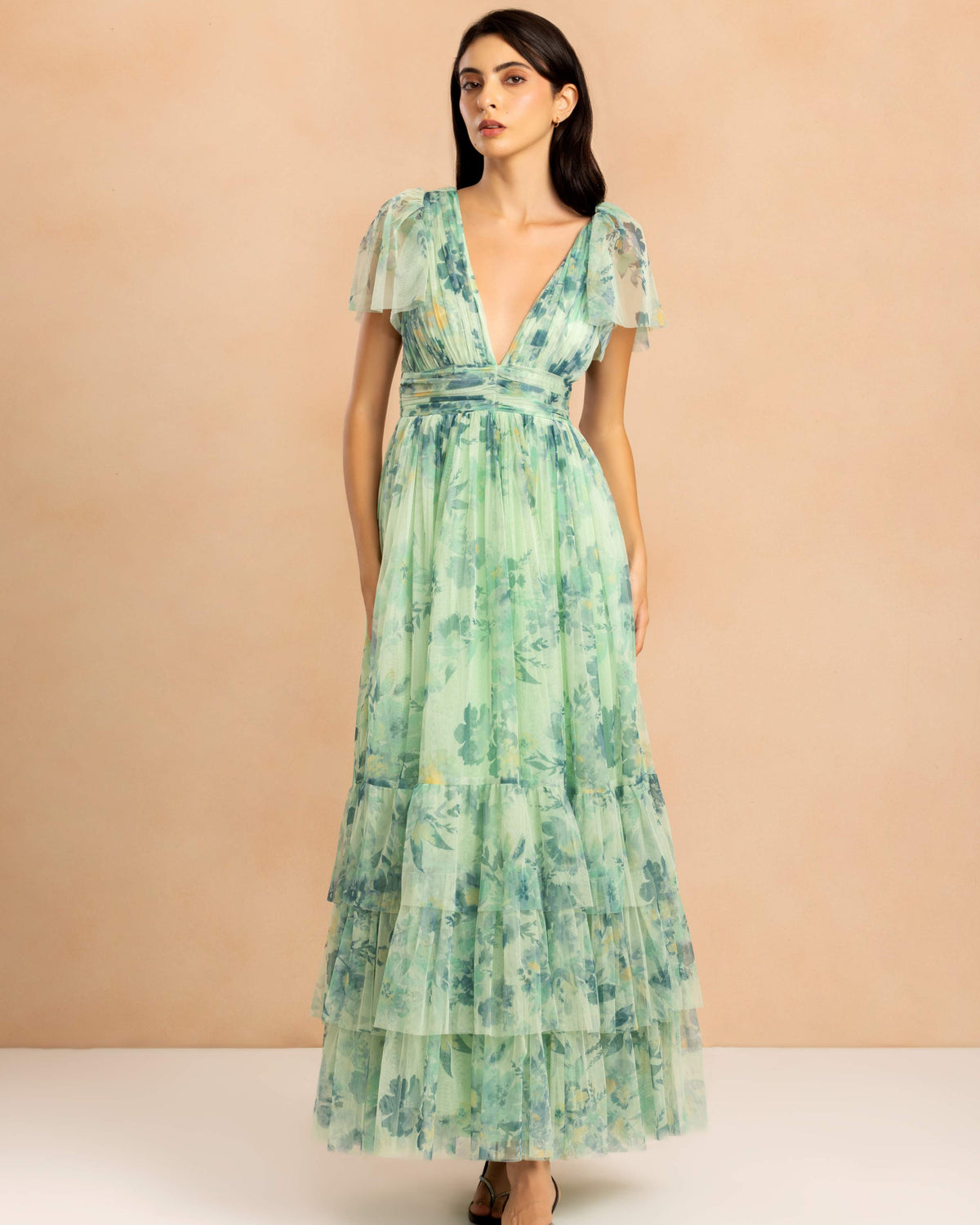 Madison Tulle Maxi Dress in Light Sage Floral