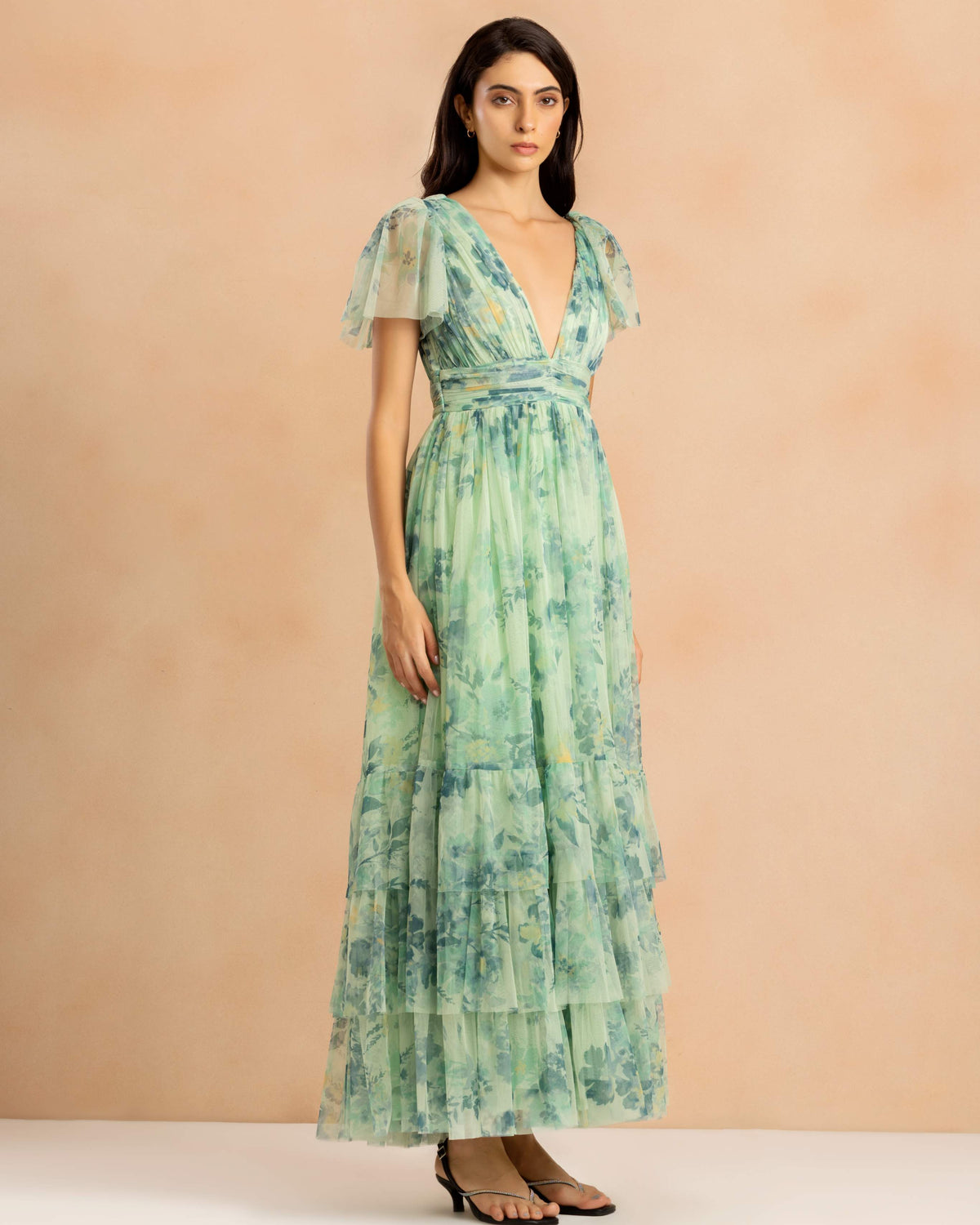 Madison Tulle Maxi Dress in Light Sage Floral