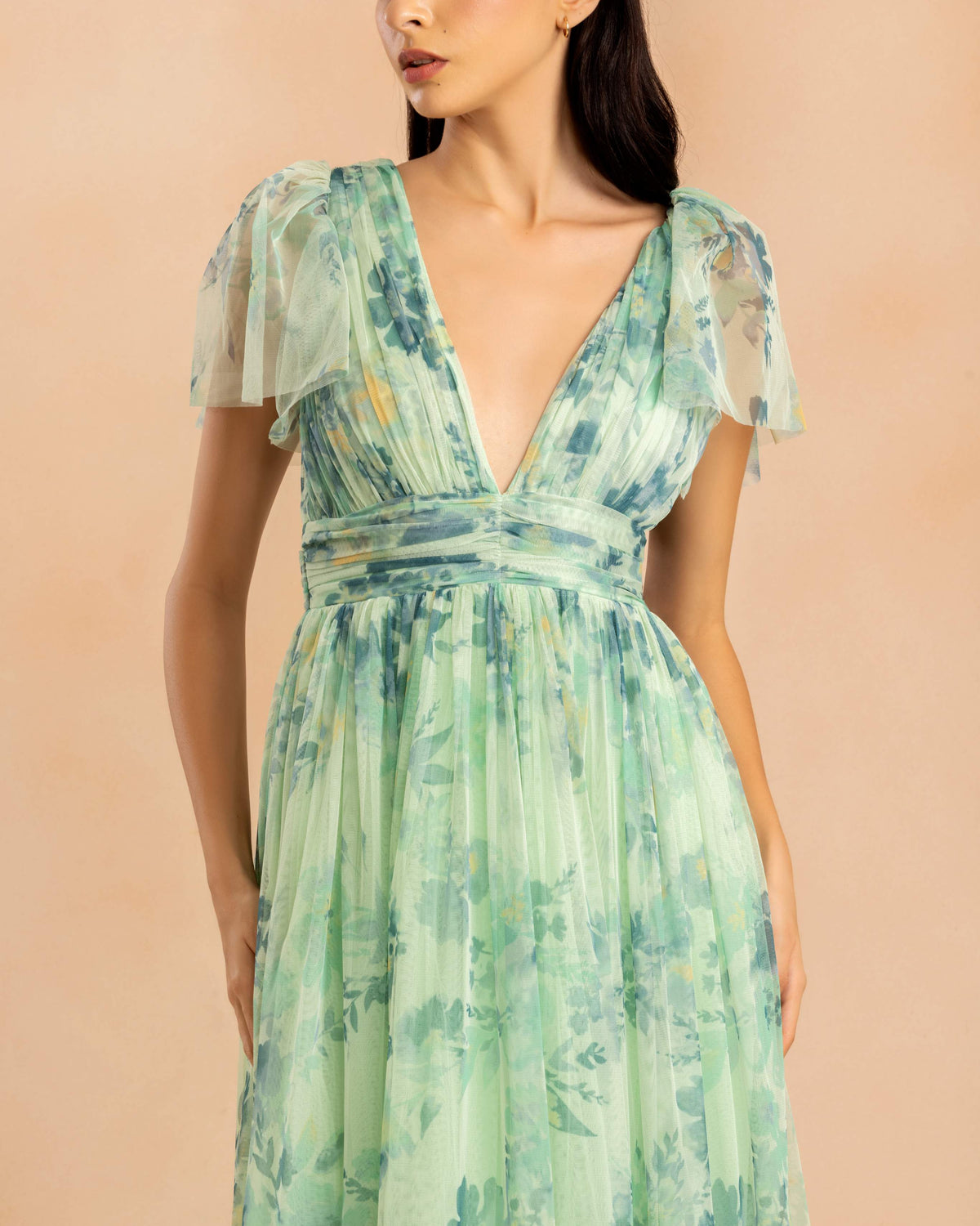 Madison Tulle Maxi Dress in Light Sage Floral