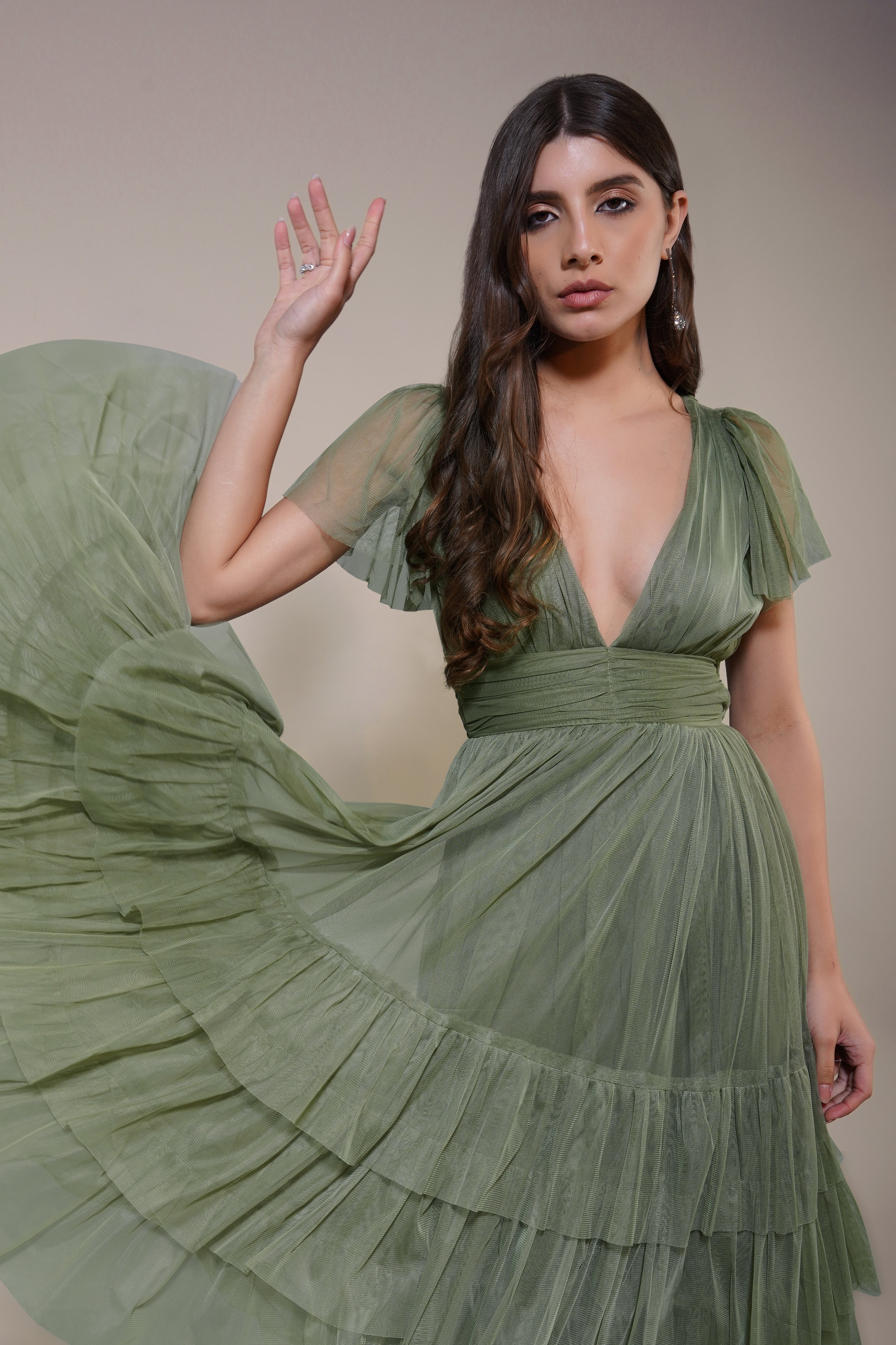 slim fit dress slacks Italian Summer Tie Neck Midi Dress Olive main image 0