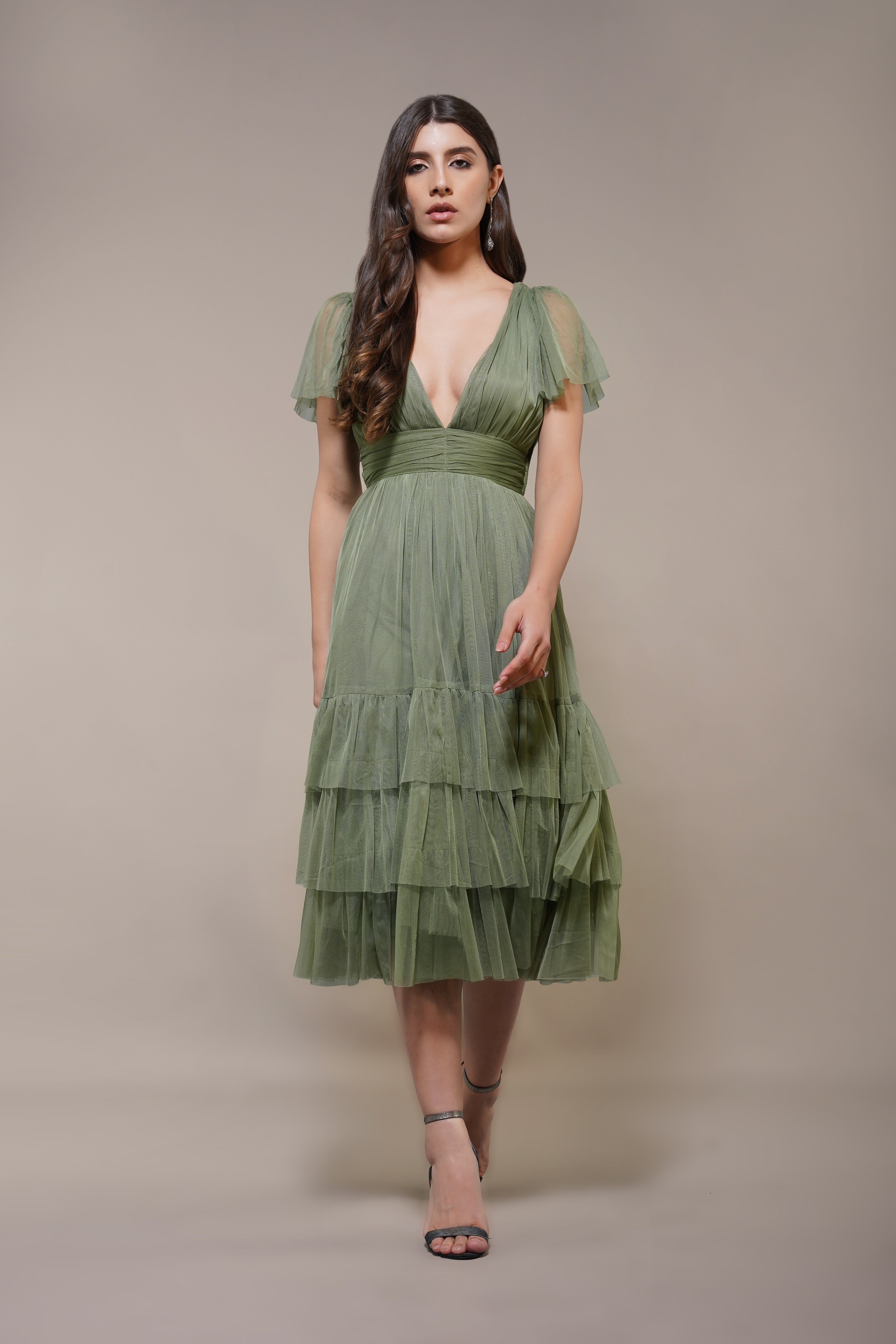 Madison Soft Olive Tulle Bridesmaid Midi Dress – Lace & Beads