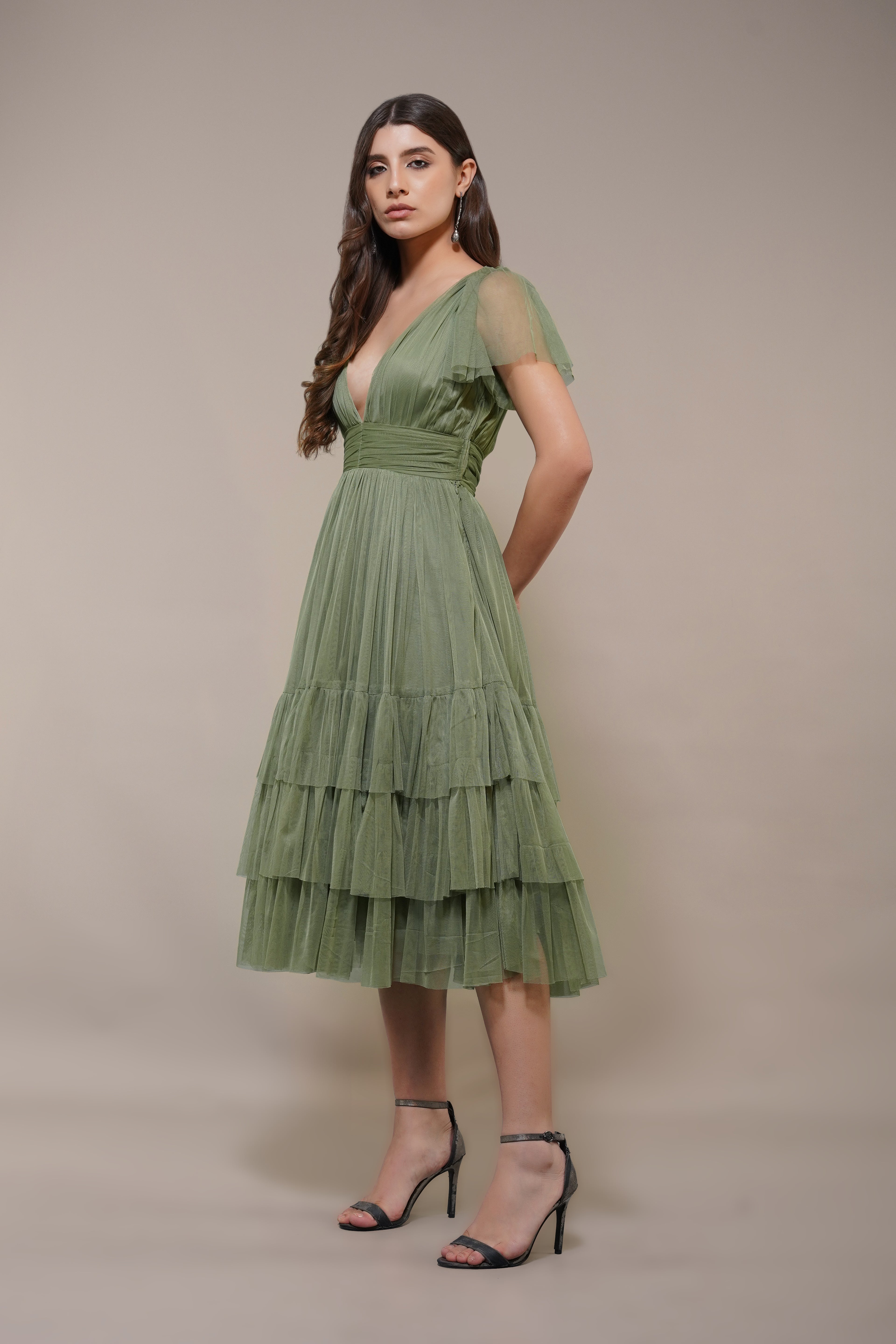Madison Soft Olive Tulle Bridesmaid Midi Dress – Lace & Beads