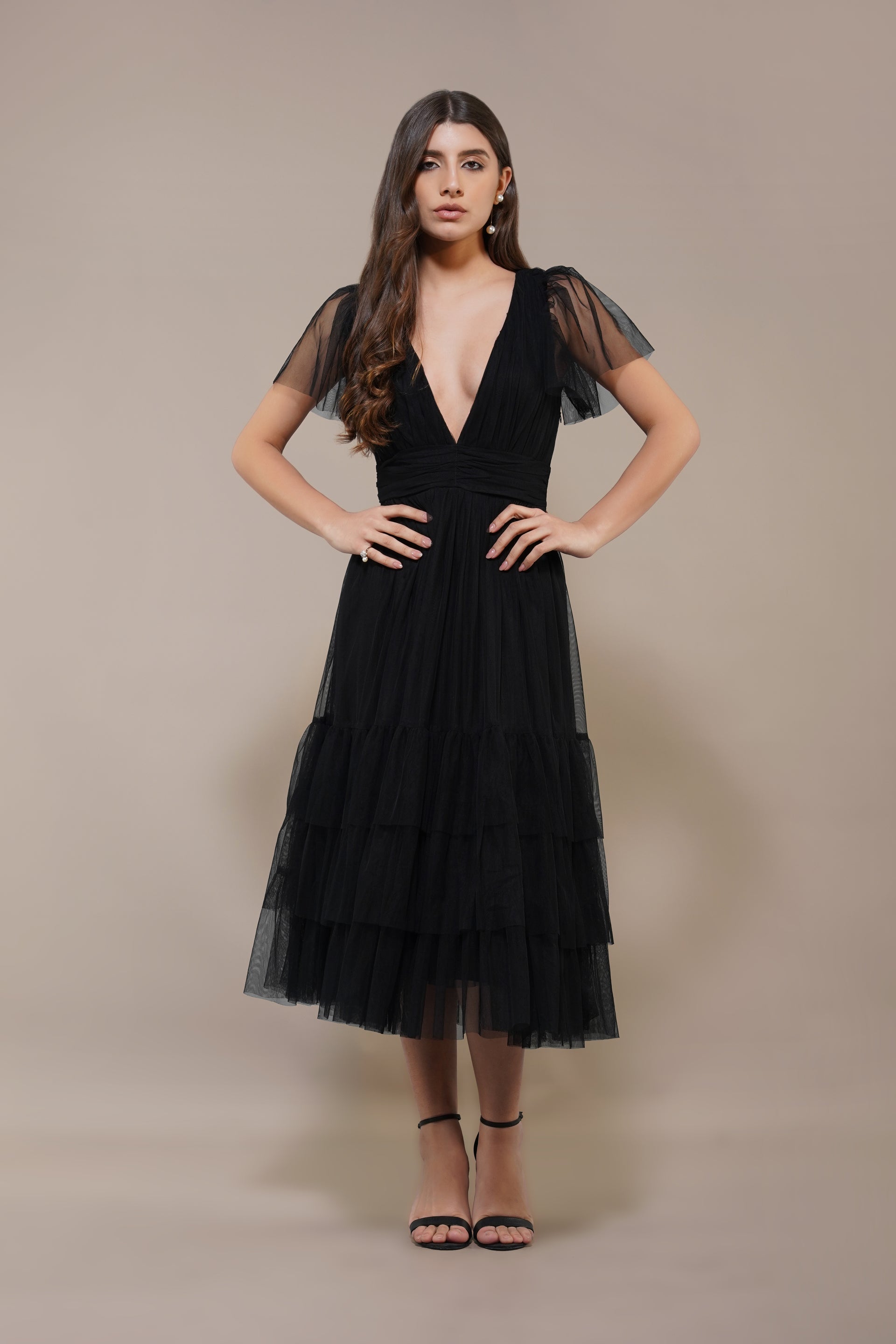 Madison Black Tulle Bridesmaid Midi Dress UK6 / Black