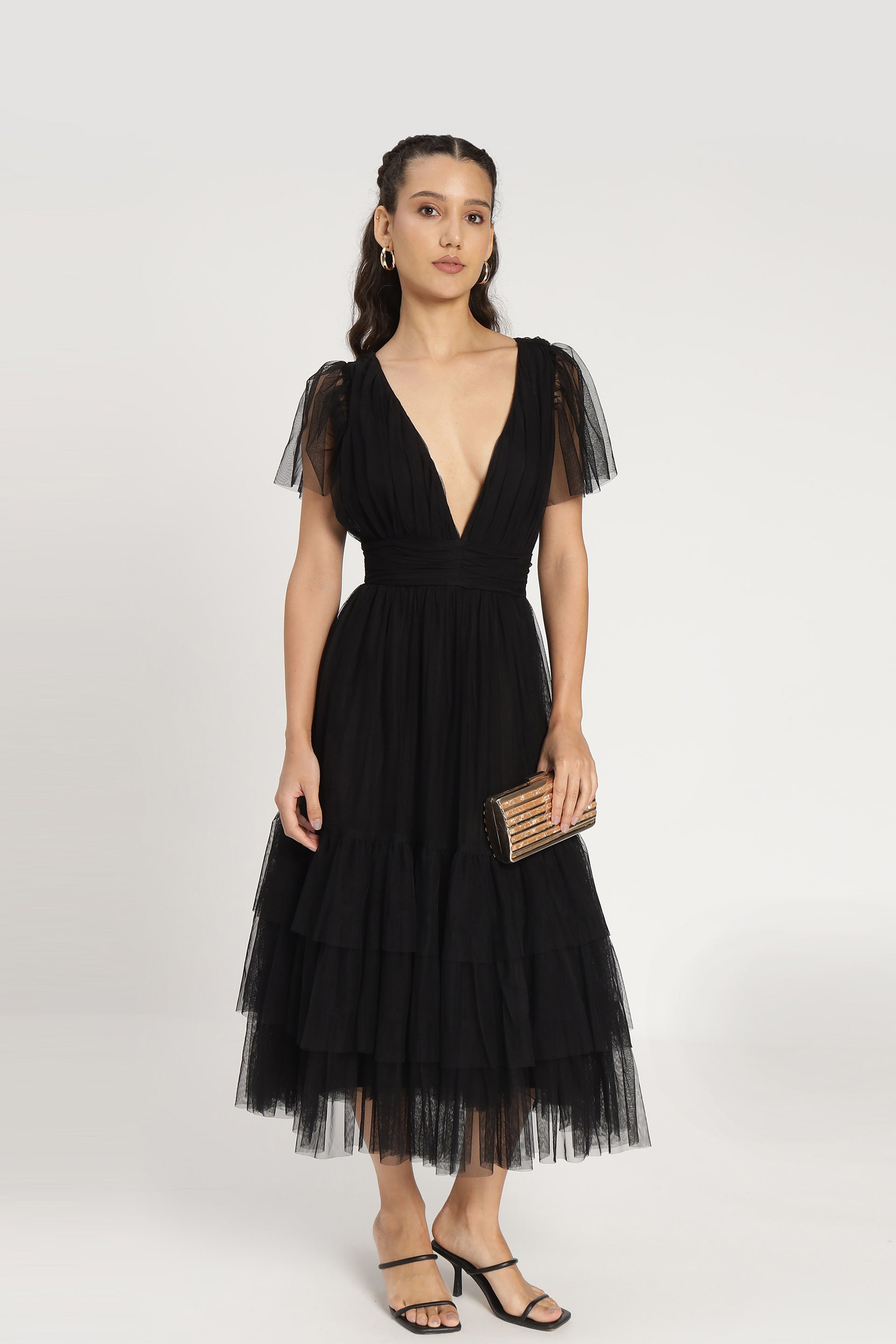 Tulle black midi dress short-sleeve tiered-skirt
