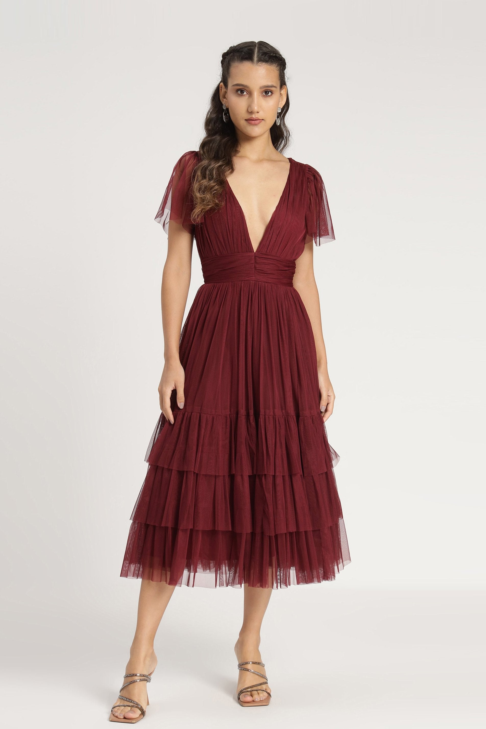 Madison Burgundy Bridesmaid Tulle Midi Dress