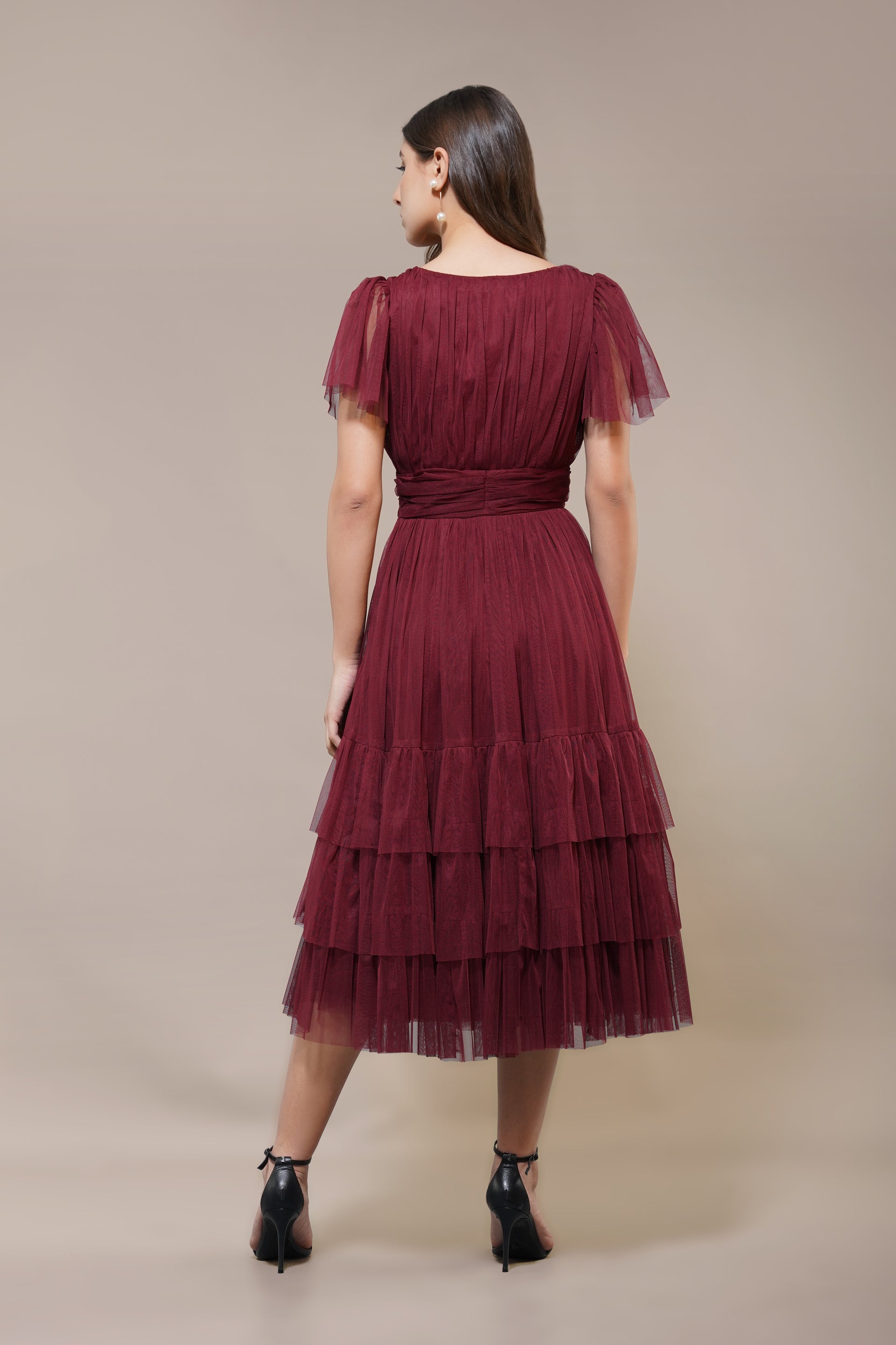 Madison Burgundy Bridesmaid Tulle Midi Dress