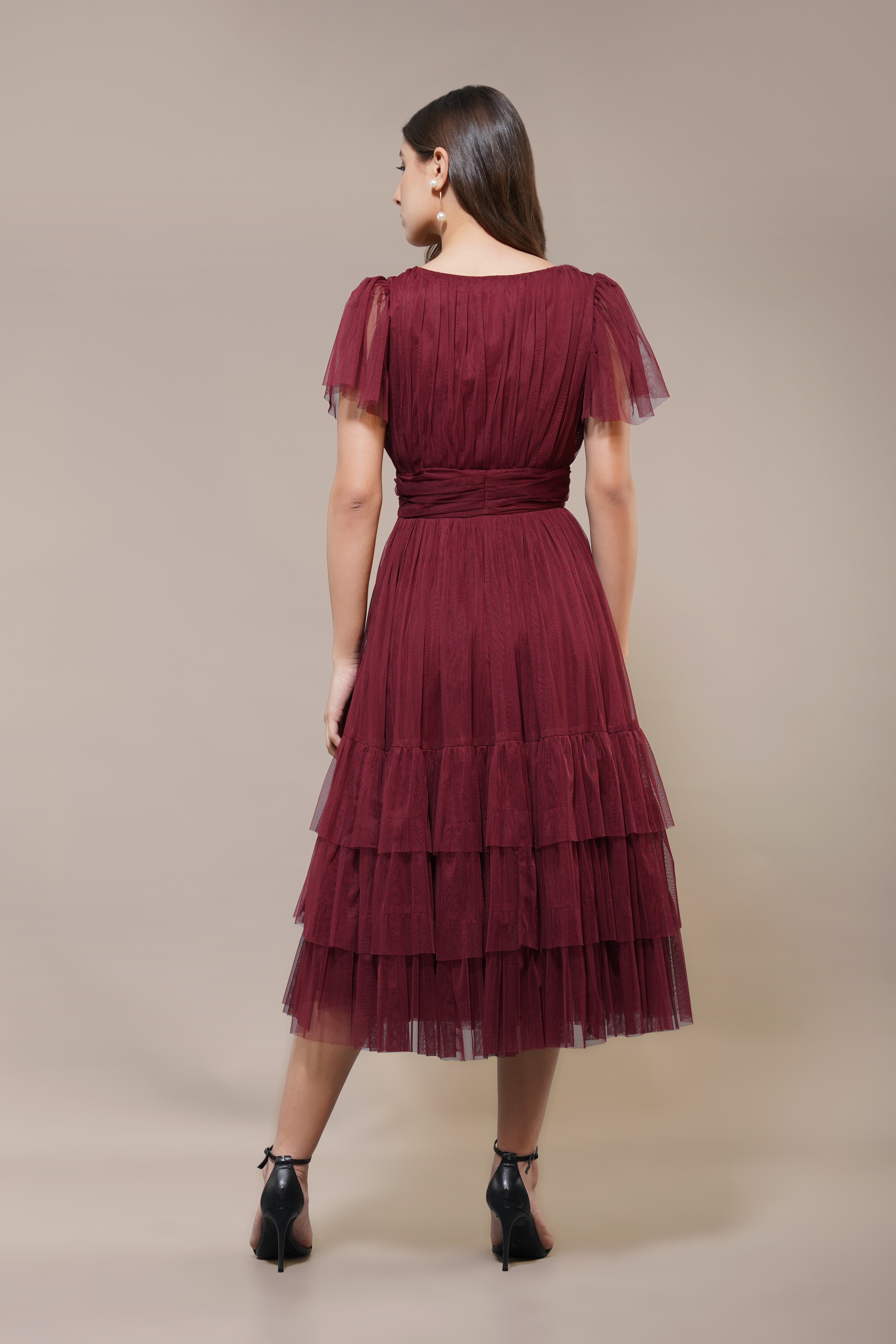 Madison Burgundy Bridesmaid Tulle Midi Dress