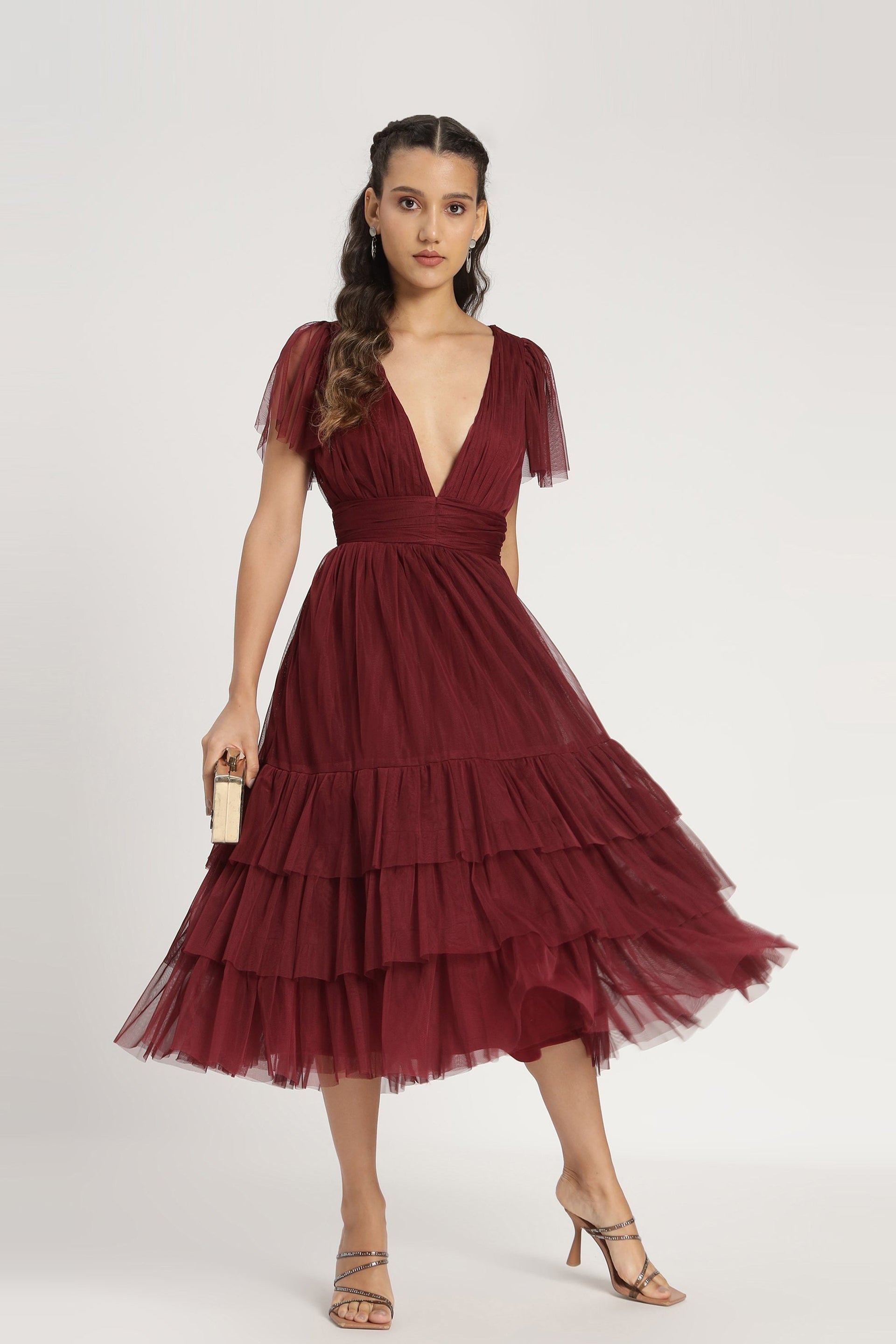 Madison Burgundy Bridesmaid Tulle Midi Dress
