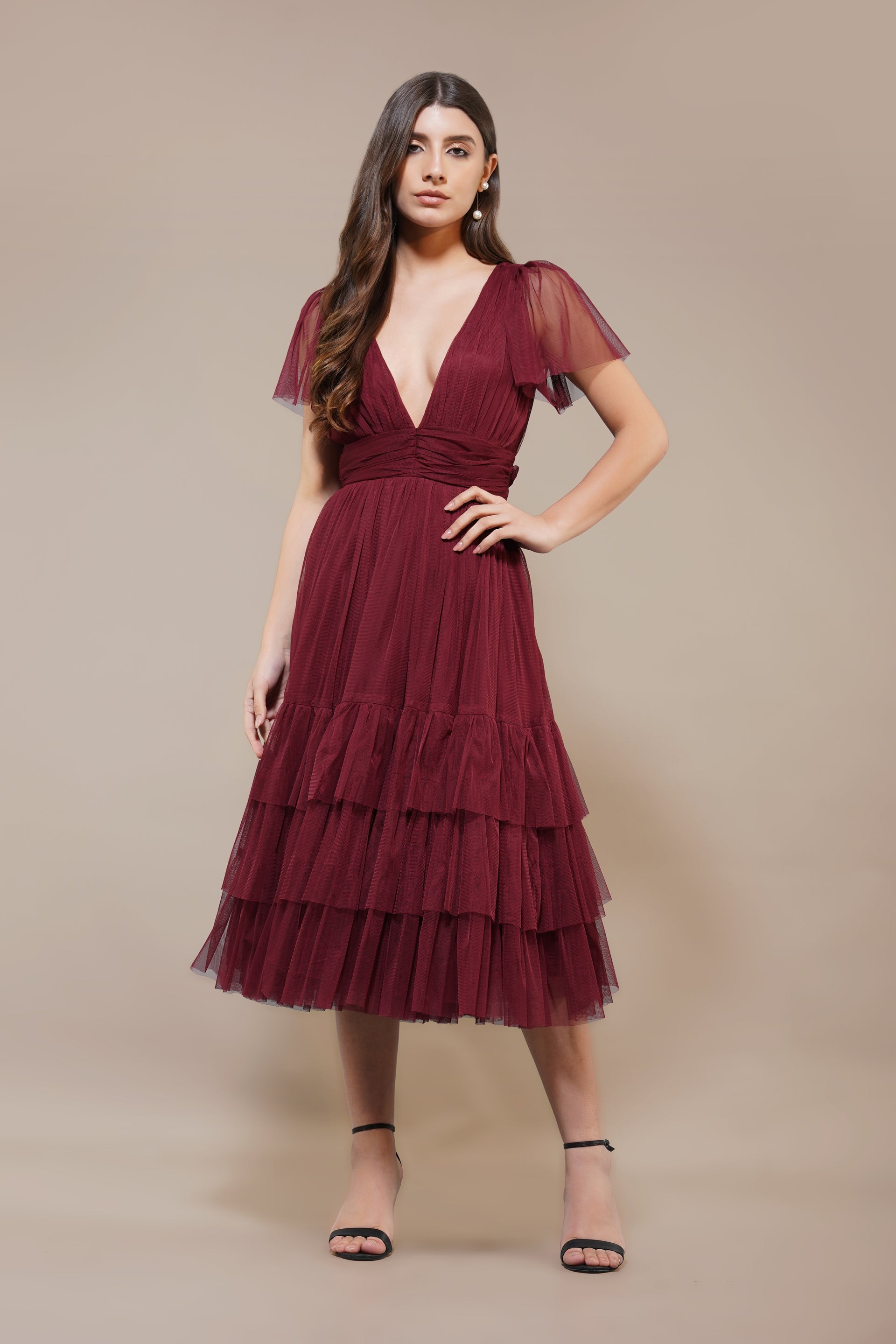 Madison Burgundy Bridesmaid Tulle Midi Dress