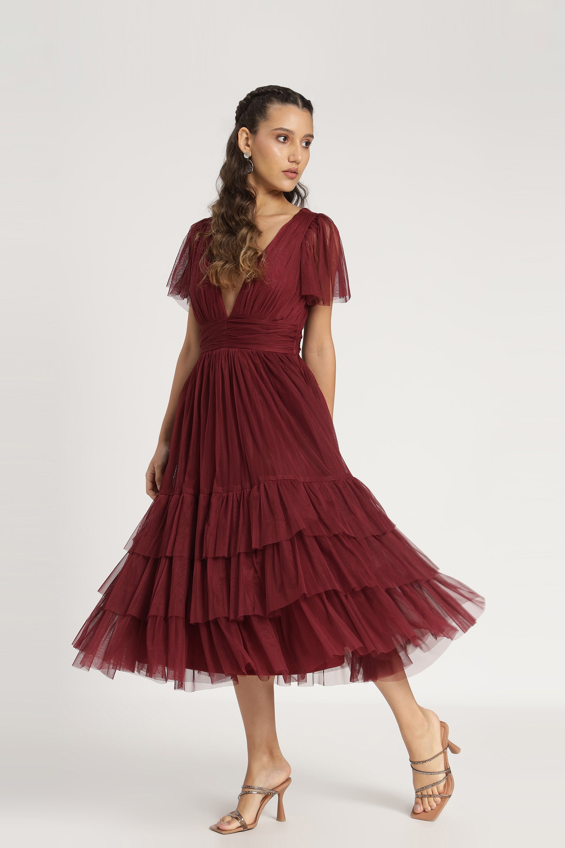 Madison Burgundy Bridesmaid Tulle Midi Dress