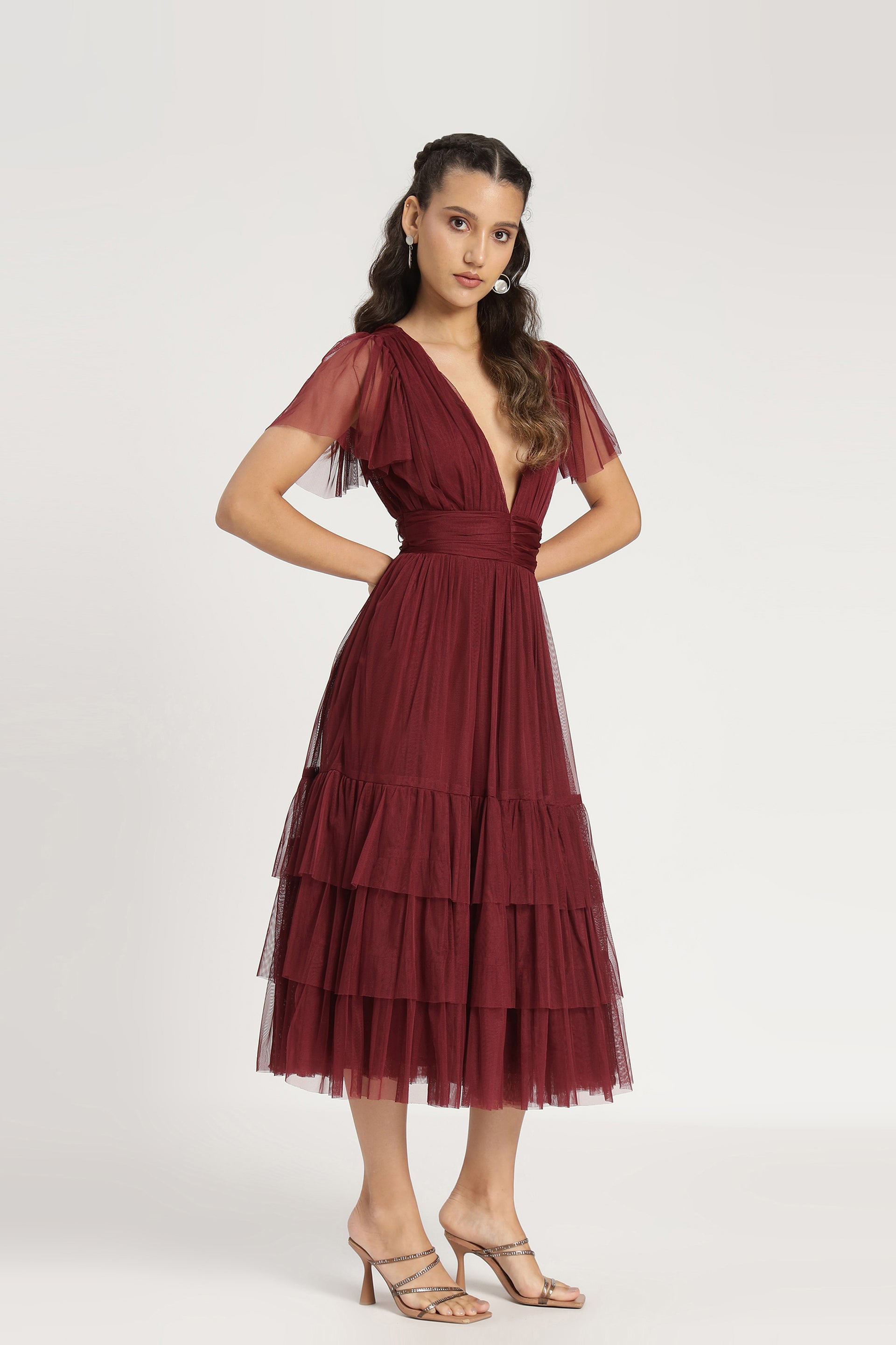 Madison Burgundy Bridesmaid Tulle Midi Dress
