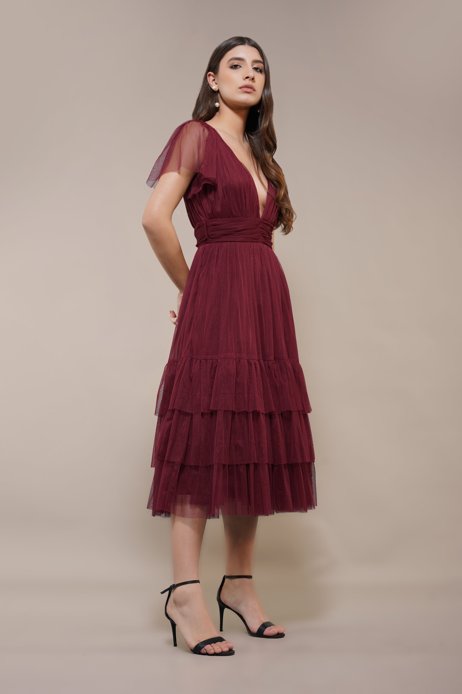 Madison Burgundy Bridesmaid Tulle Midi Dress