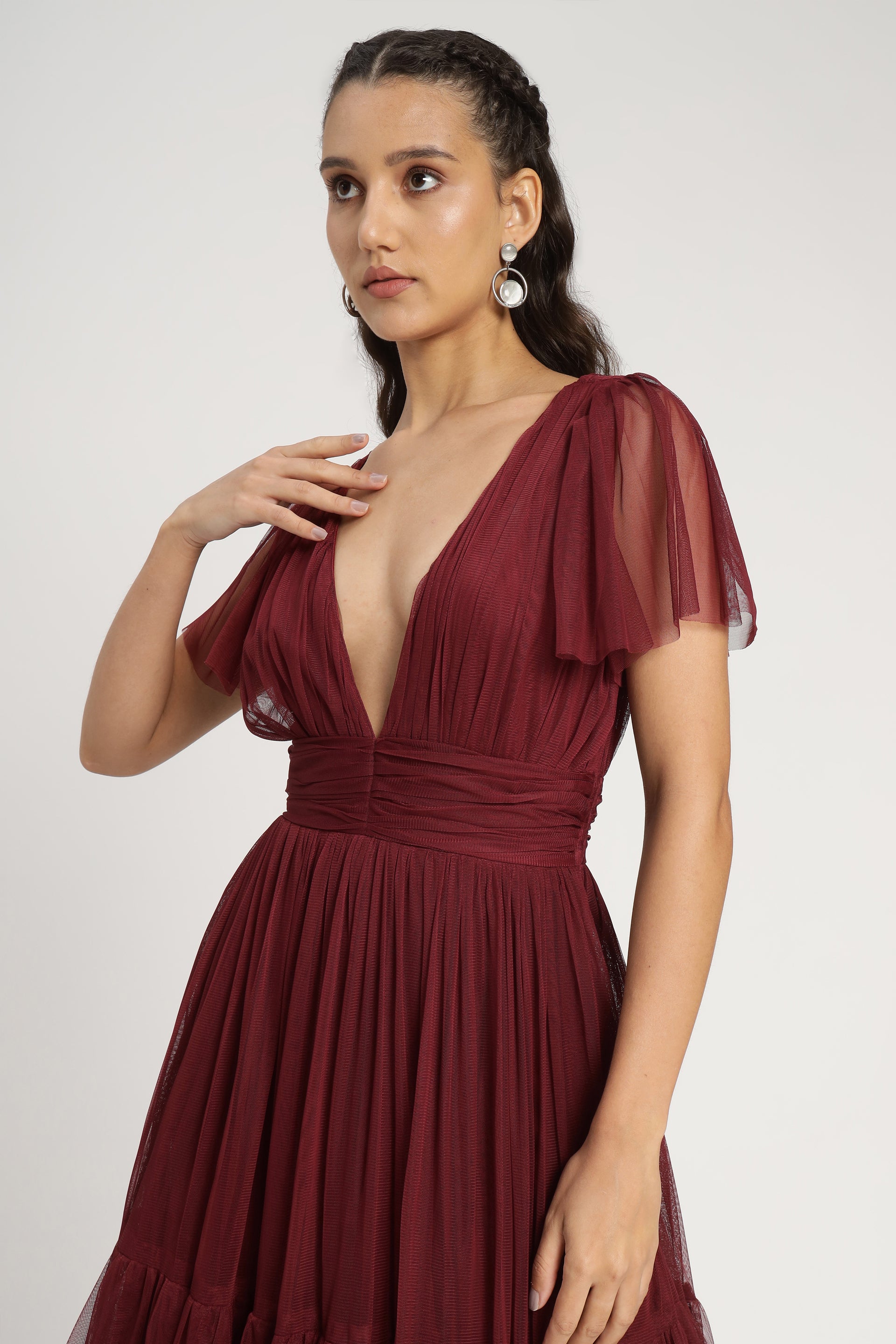 Madison Burgundy Bridesmaid Tulle Midi Dress