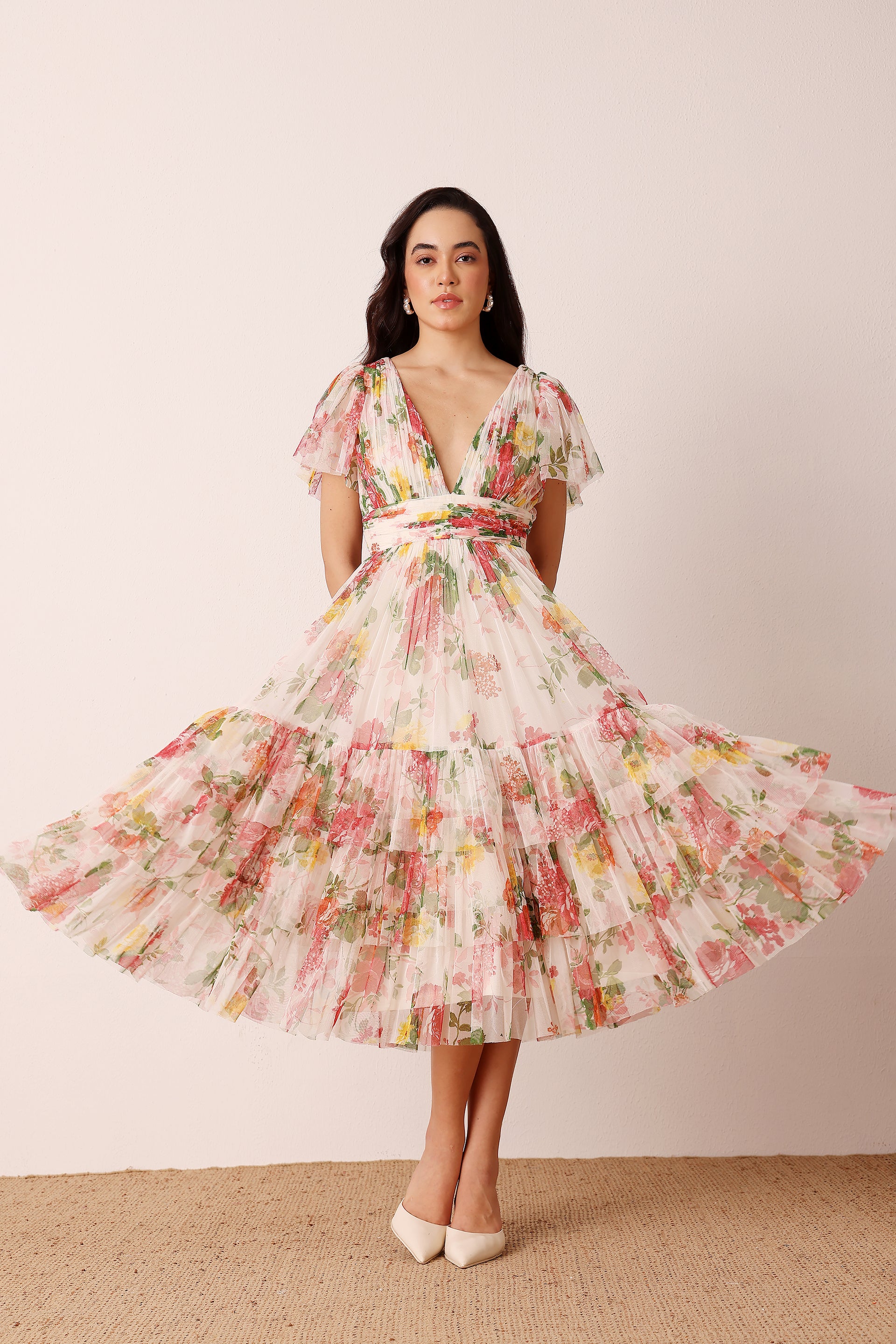 Madison Tulle Midi Dress in Floral Print
