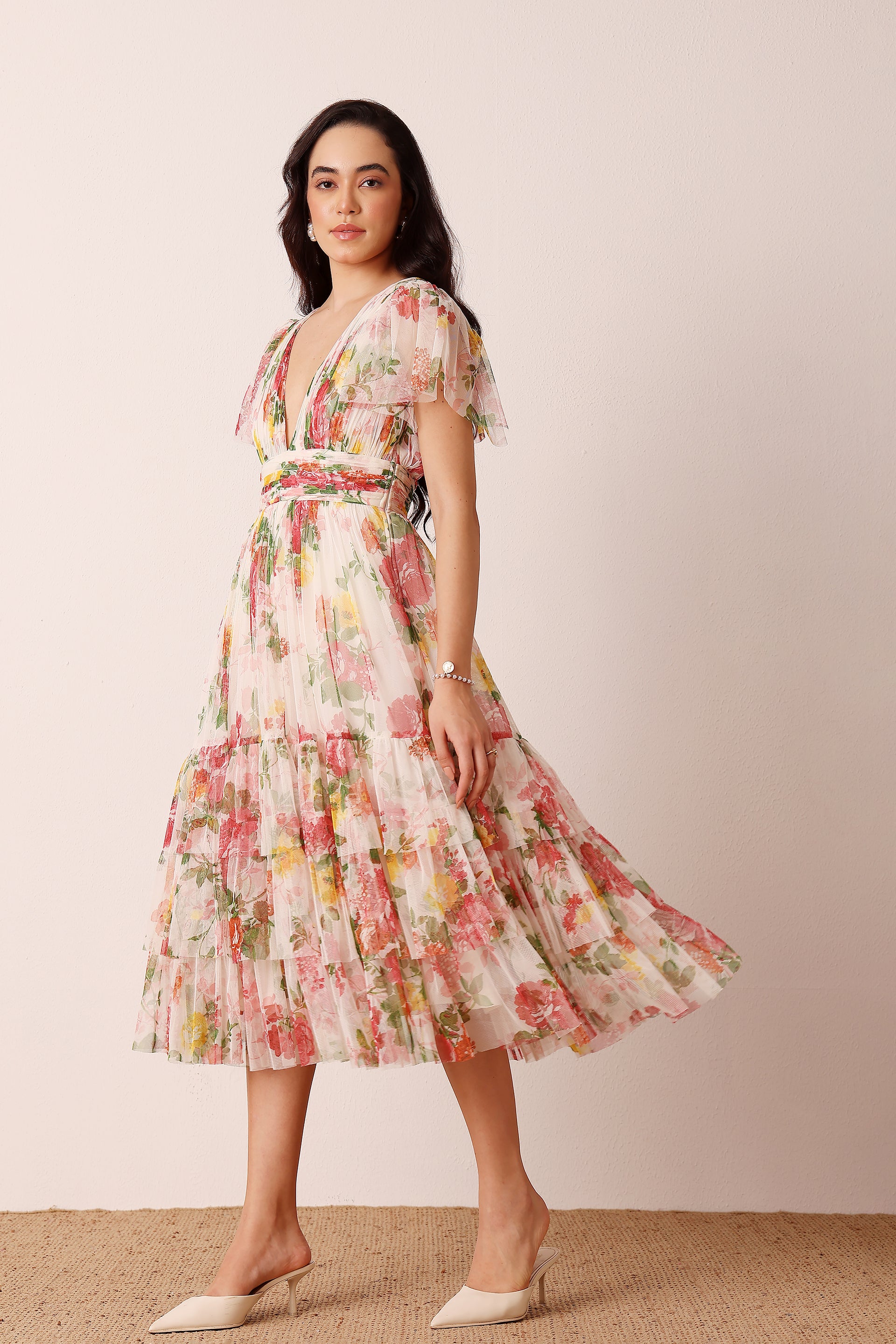 Madison Tulle Midi Dress in Floral Print