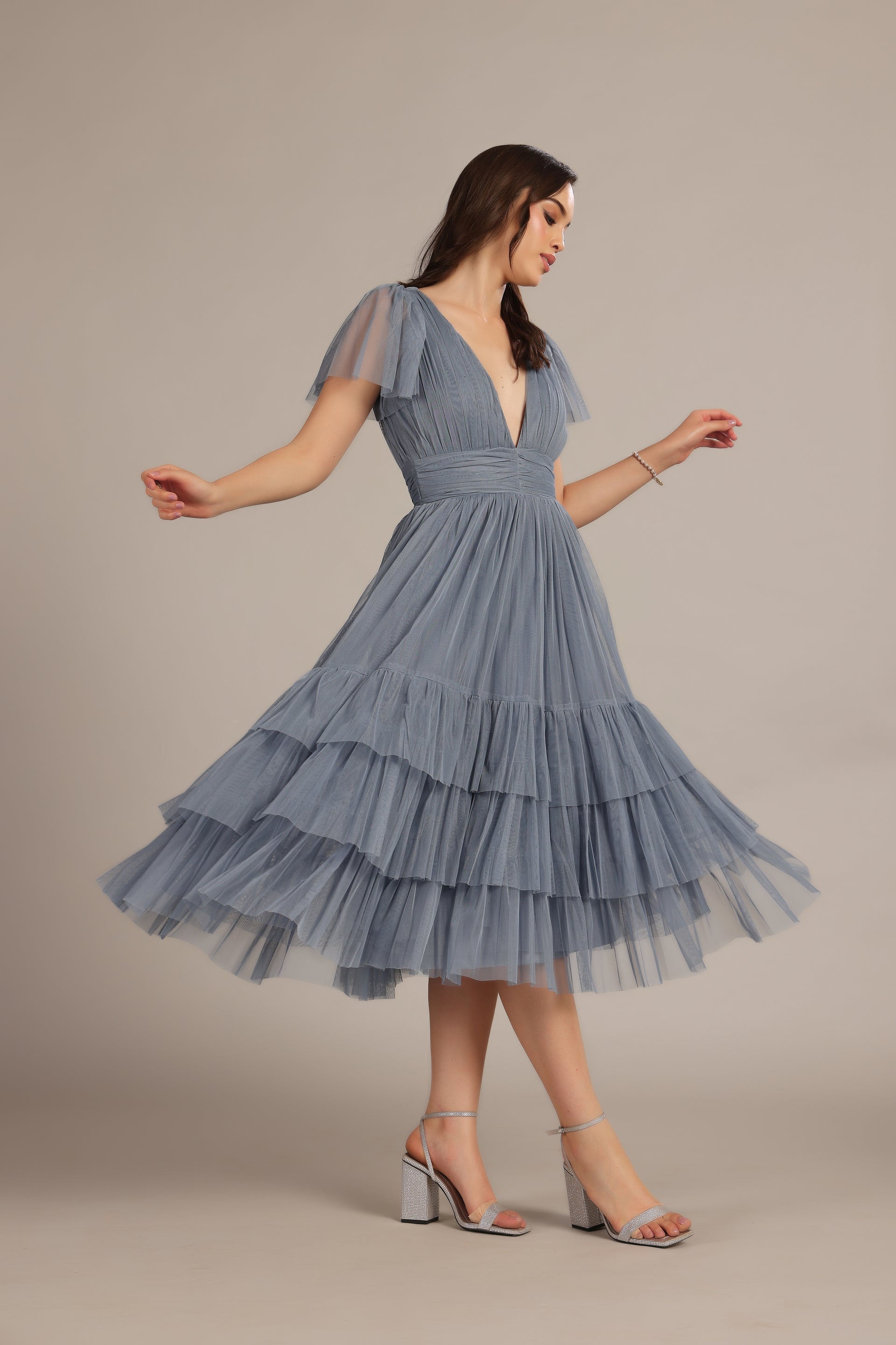 Madison Dusty Blue Bridesmaid Tulle Midi Dress