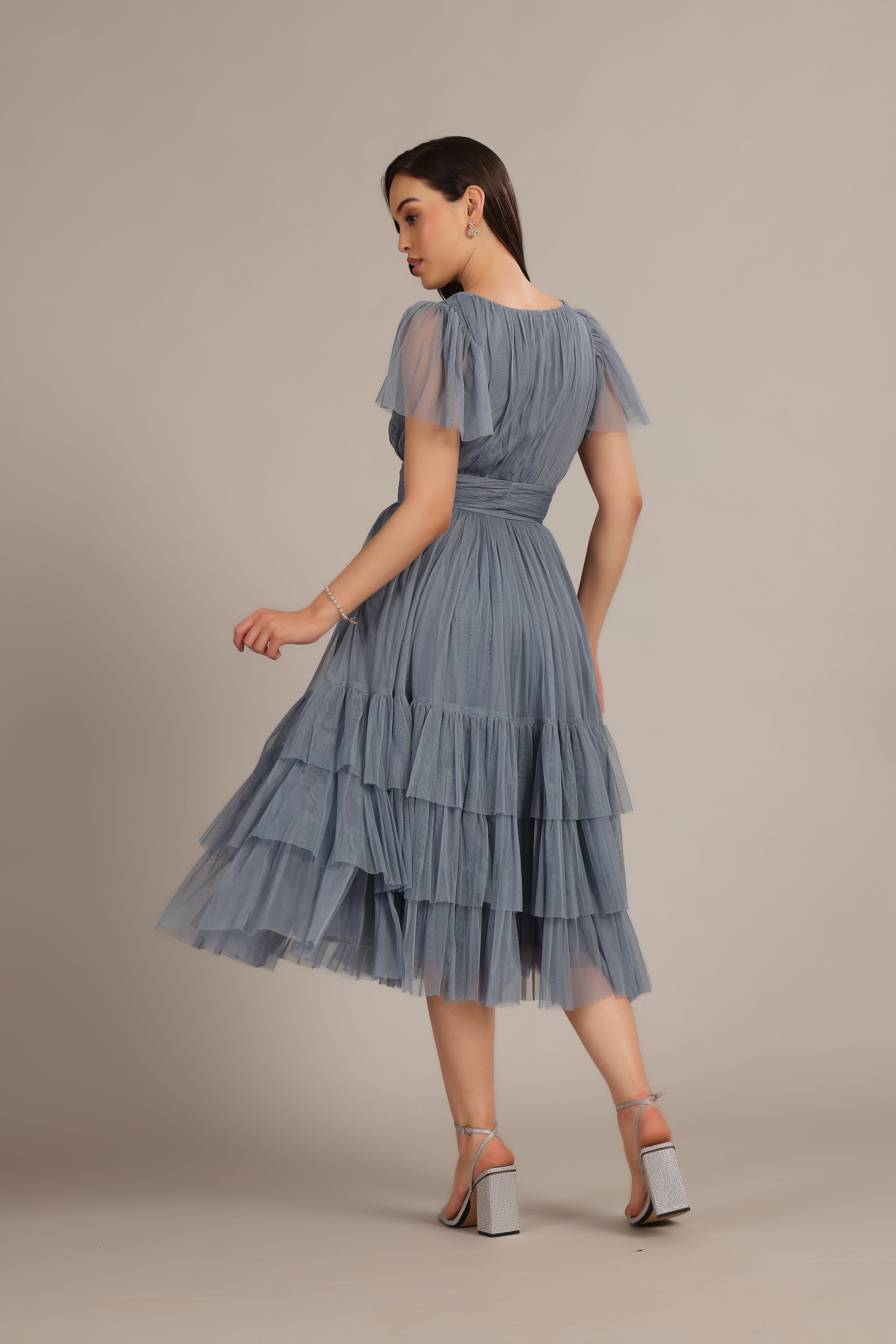 Madison Dusty Blue Bridesmaid Tulle Midi Dress