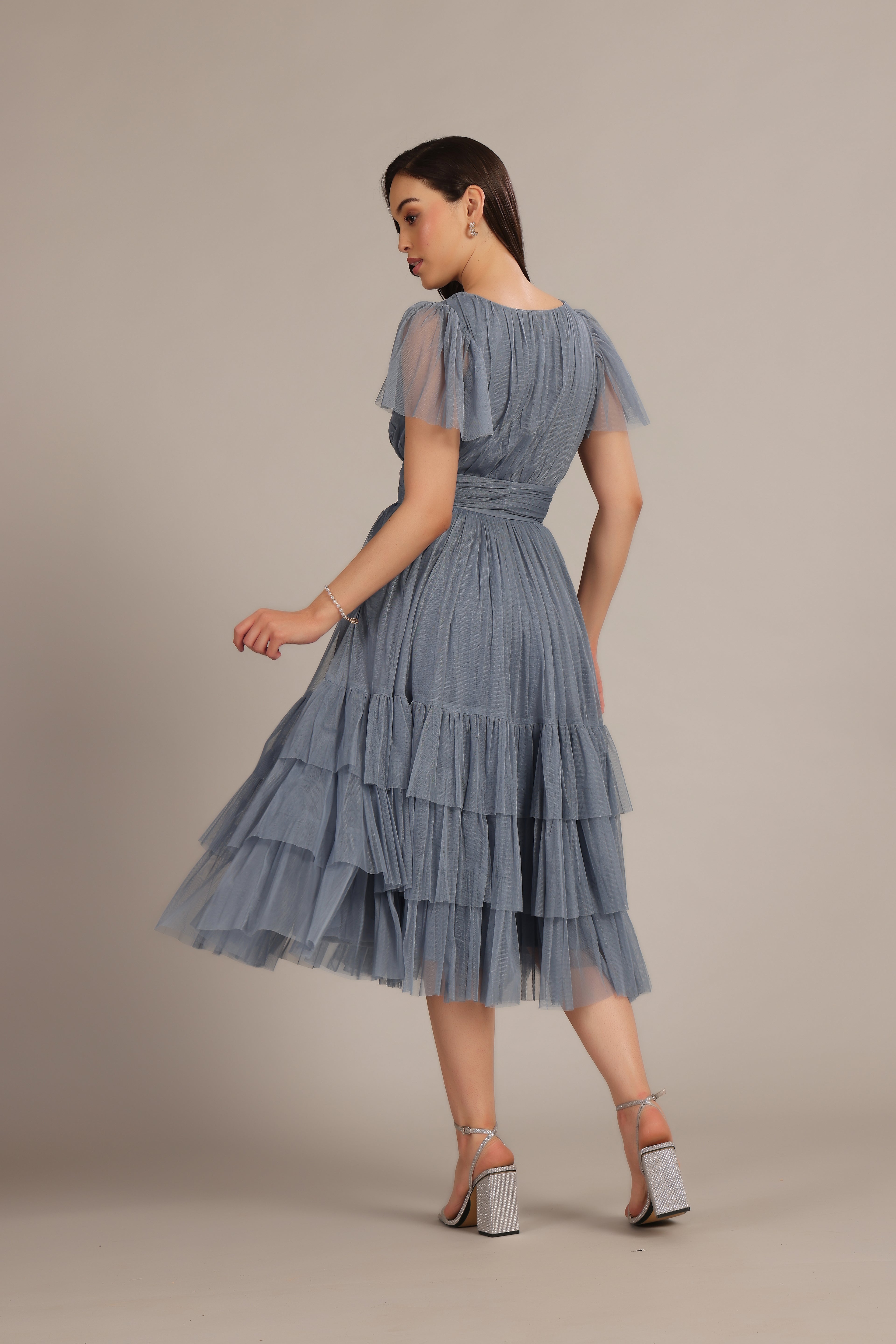 Madison Dusty Blue Bridesmaid Tulle Midi Dress