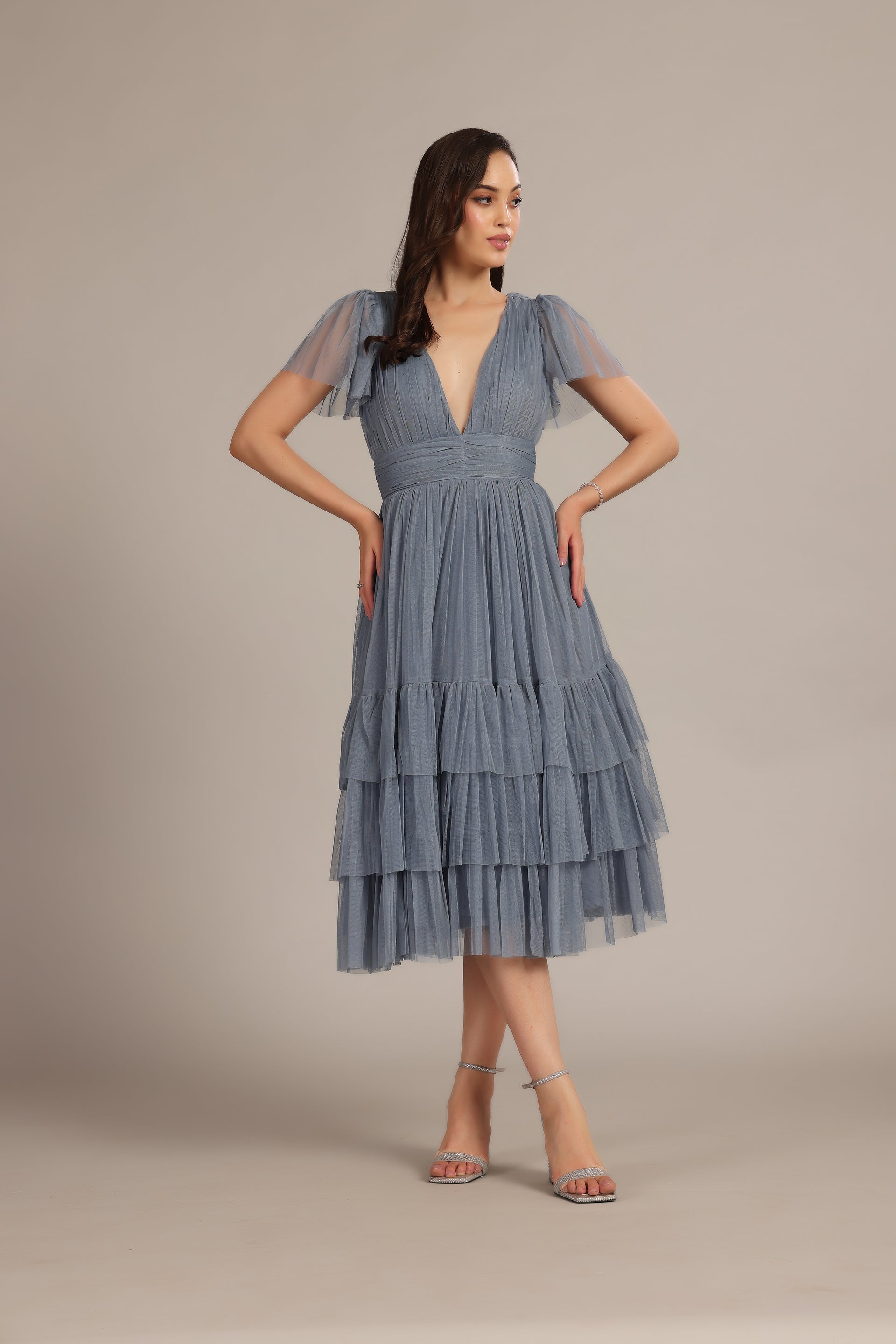 Madison Dusty Blue Bridesmaid Tulle Midi Dress