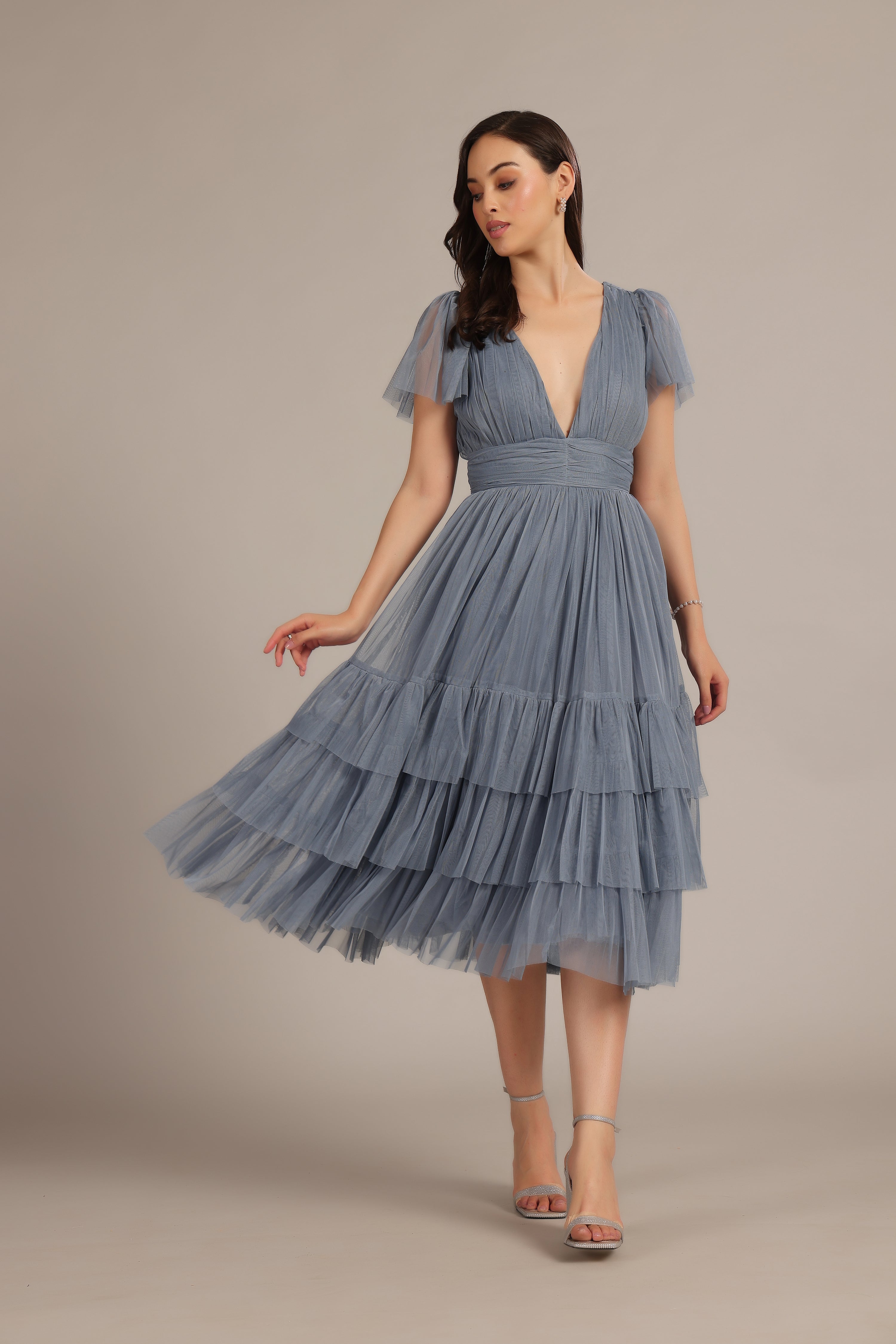 Madison Dusty Blue Bridesmaid Tulle Midi Dress