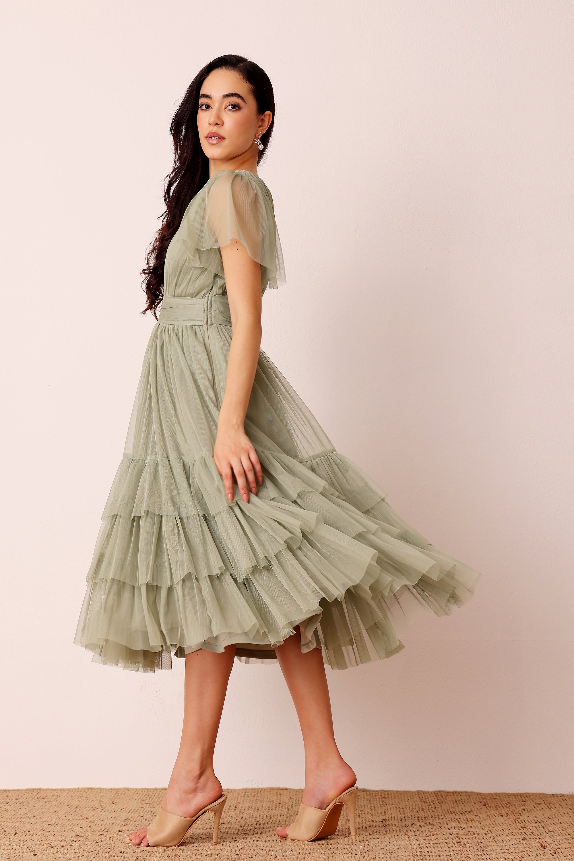 Madison Dusty Sage Tulle Bridesmaid Midi Dress