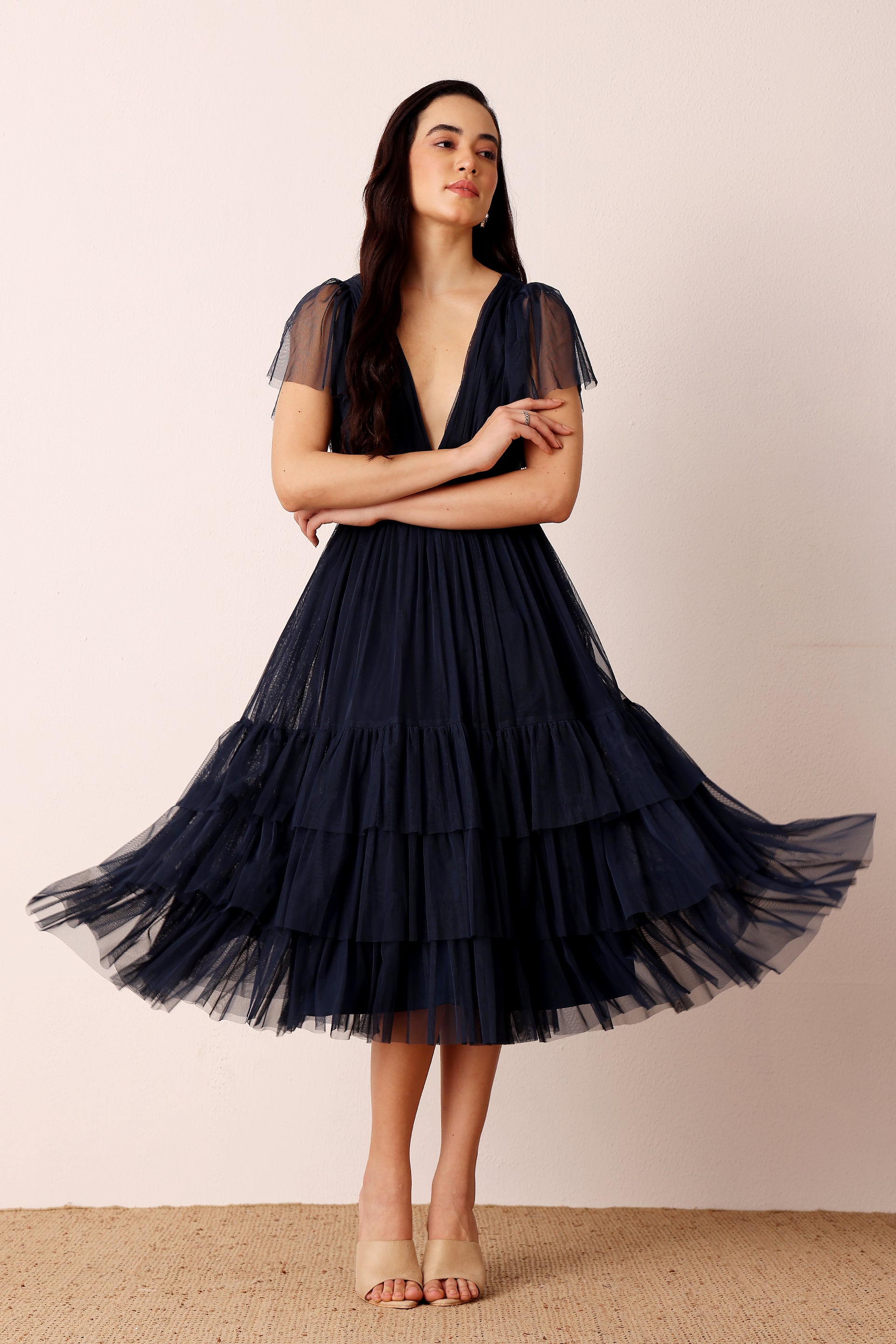 Madison Navy Blue Tulle Bridesmaid Midi Dress