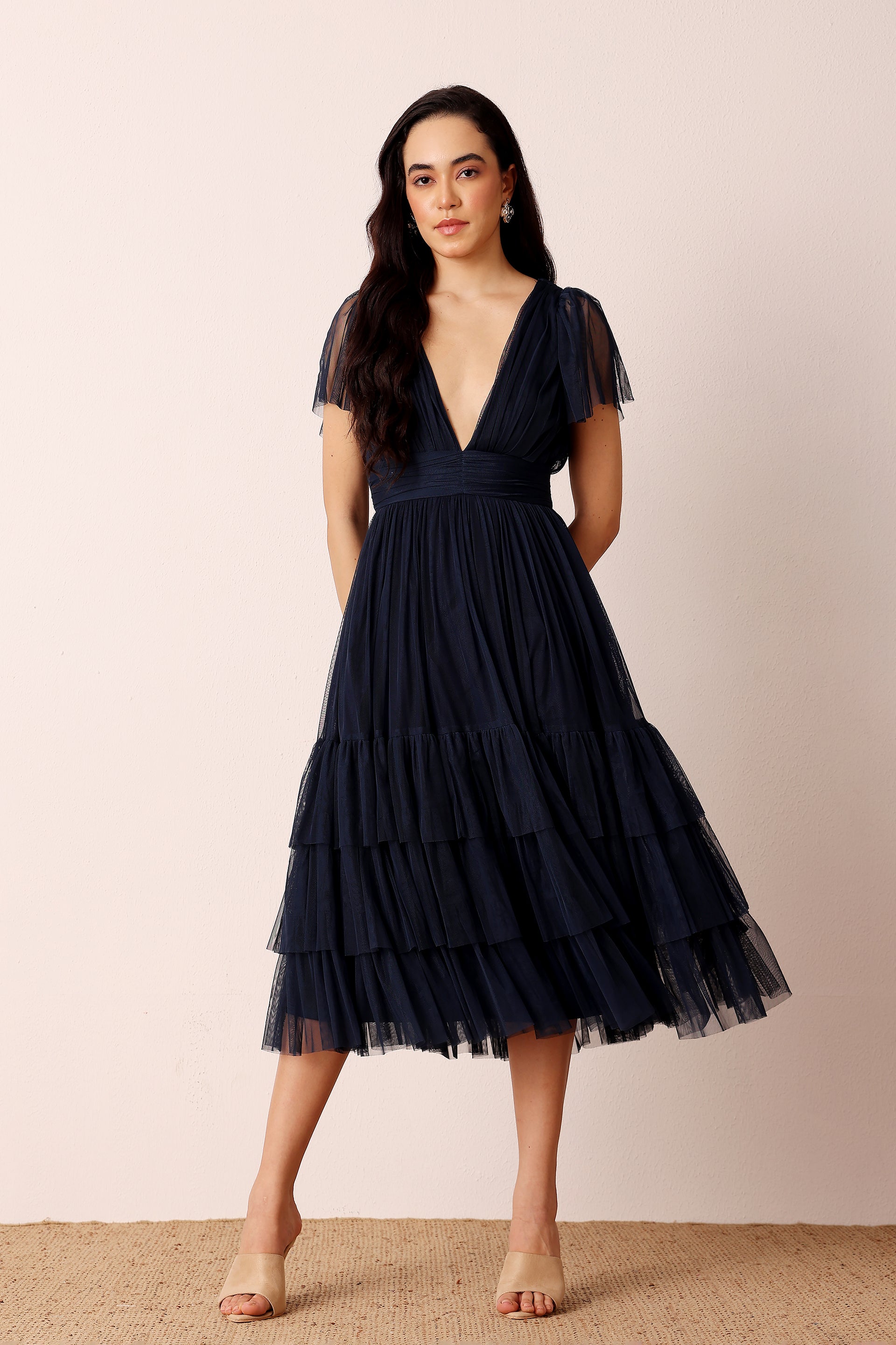 Bridesmaid wedding guest short sleeve tiered midi skirt navy blue
