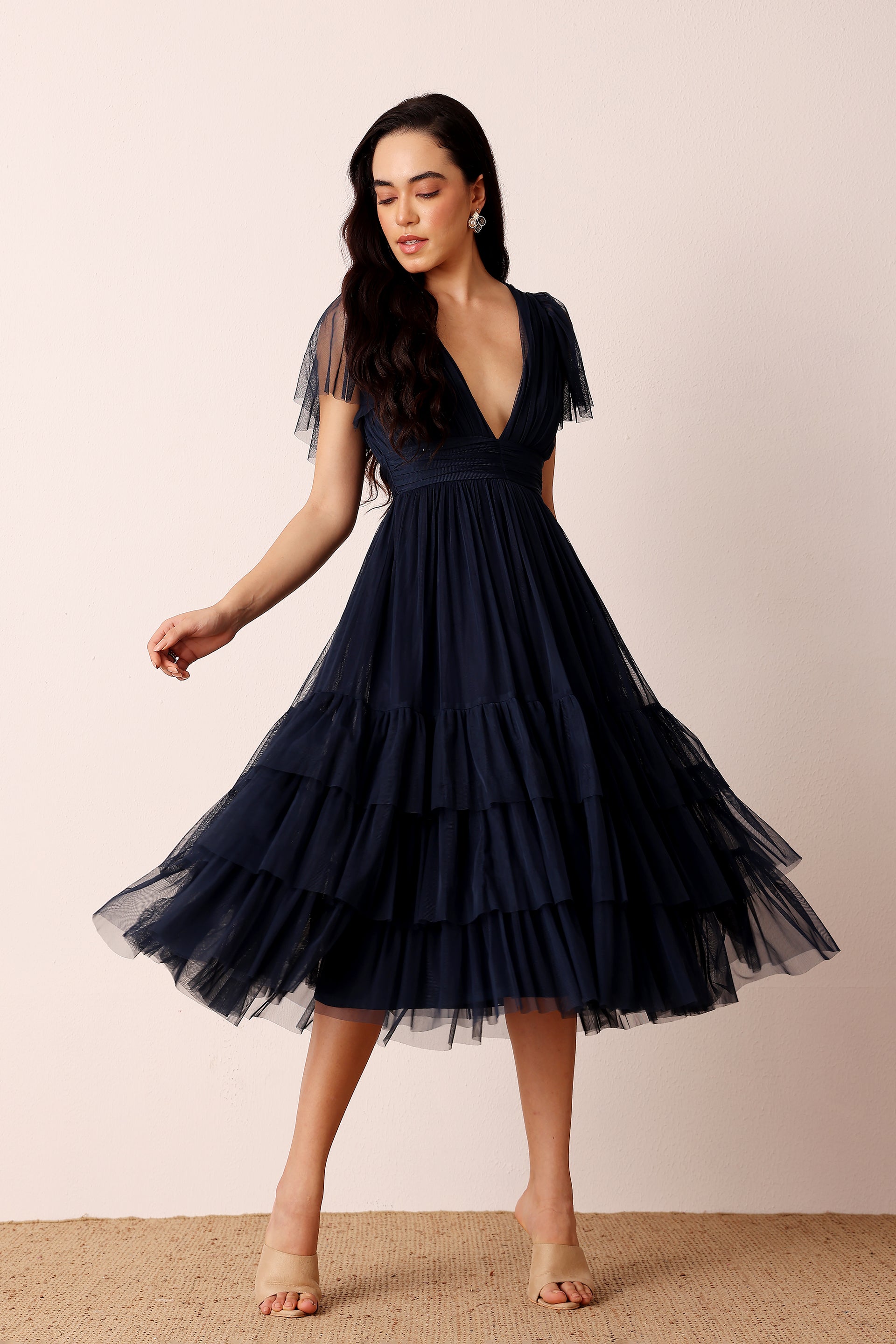 Madison Navy Blue Tulle Bridesmaid Midi Dress