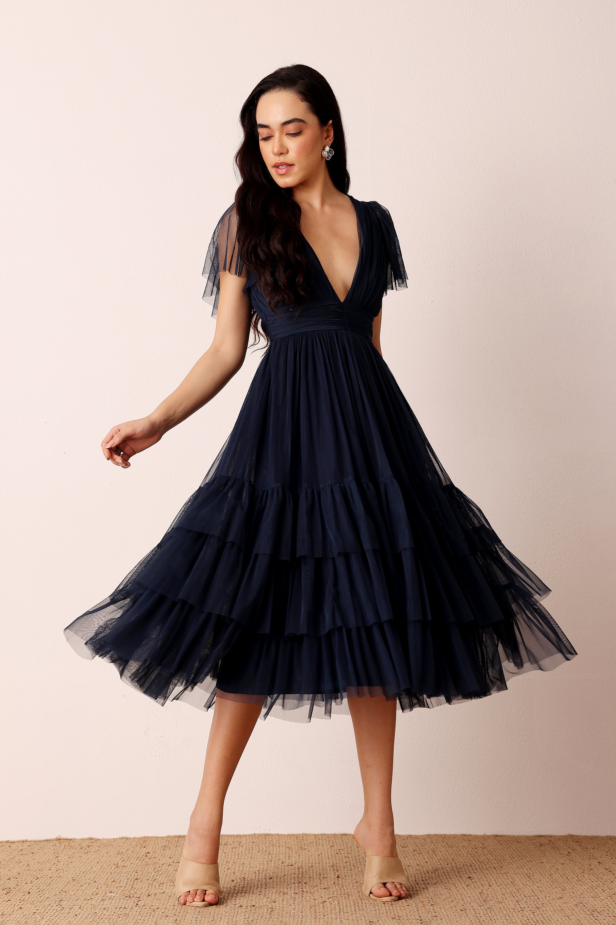 Madison Navy Blue Tulle Bridesmaid Midi Dress