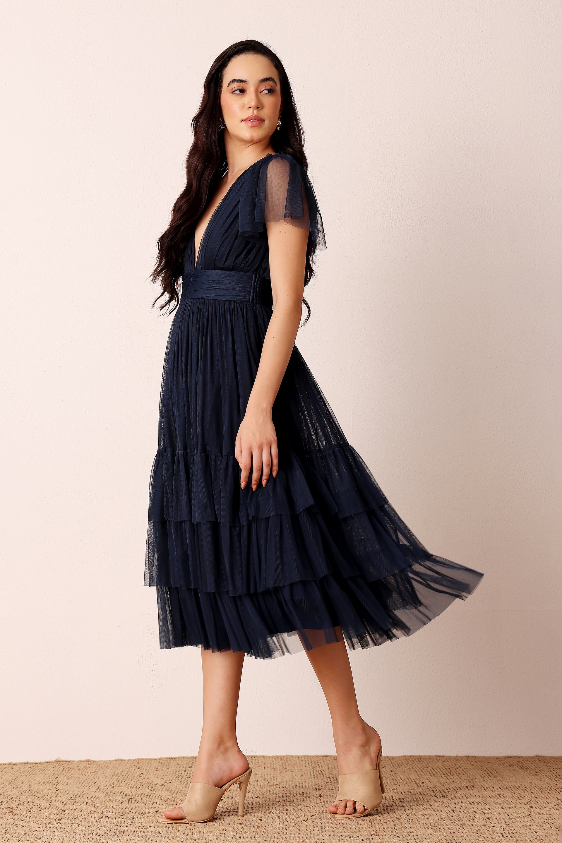 Madison Navy Blue Tulle Bridesmaid Midi Dress