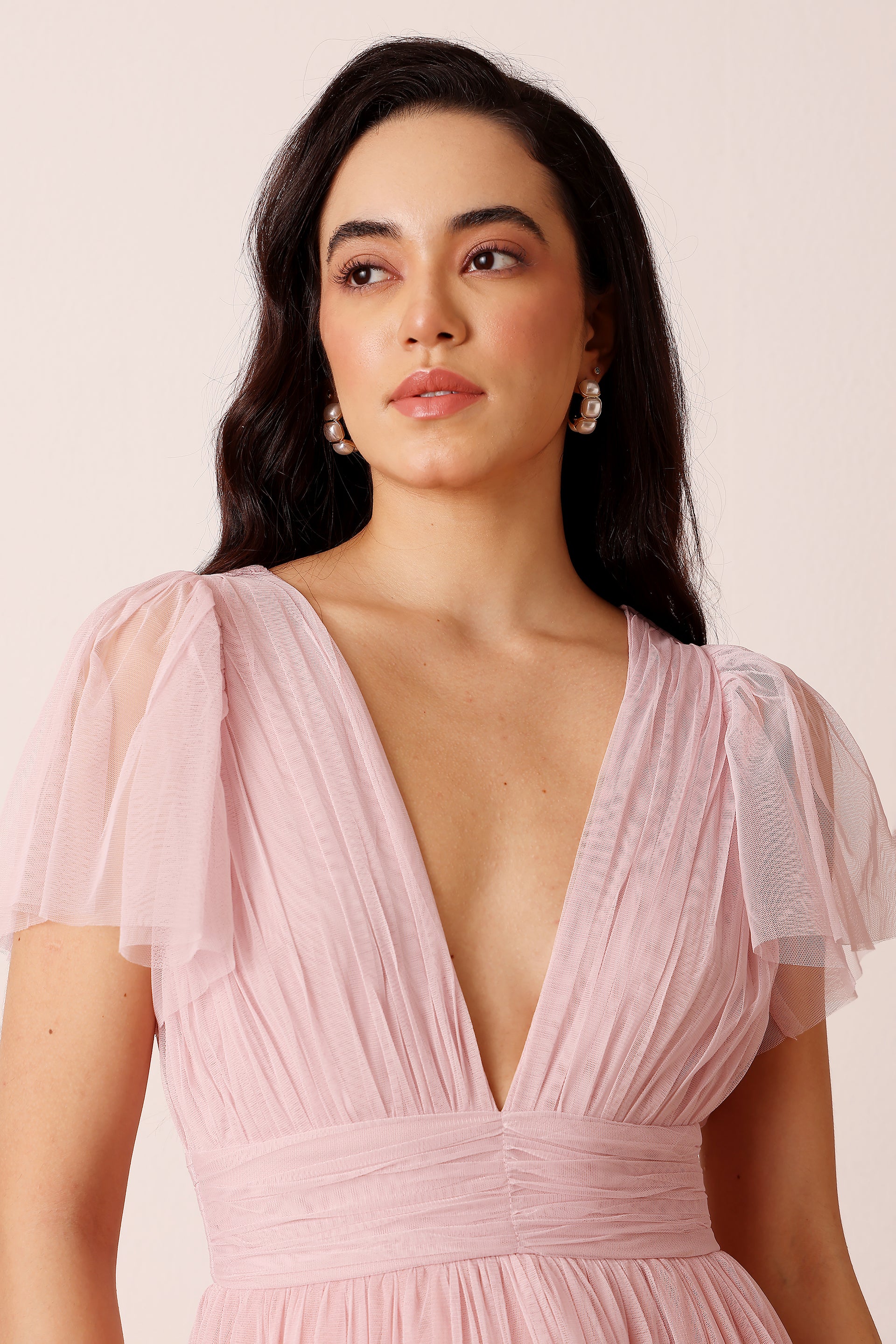 Madison Powder Pink Tulle Midi Bridesmaid Dress