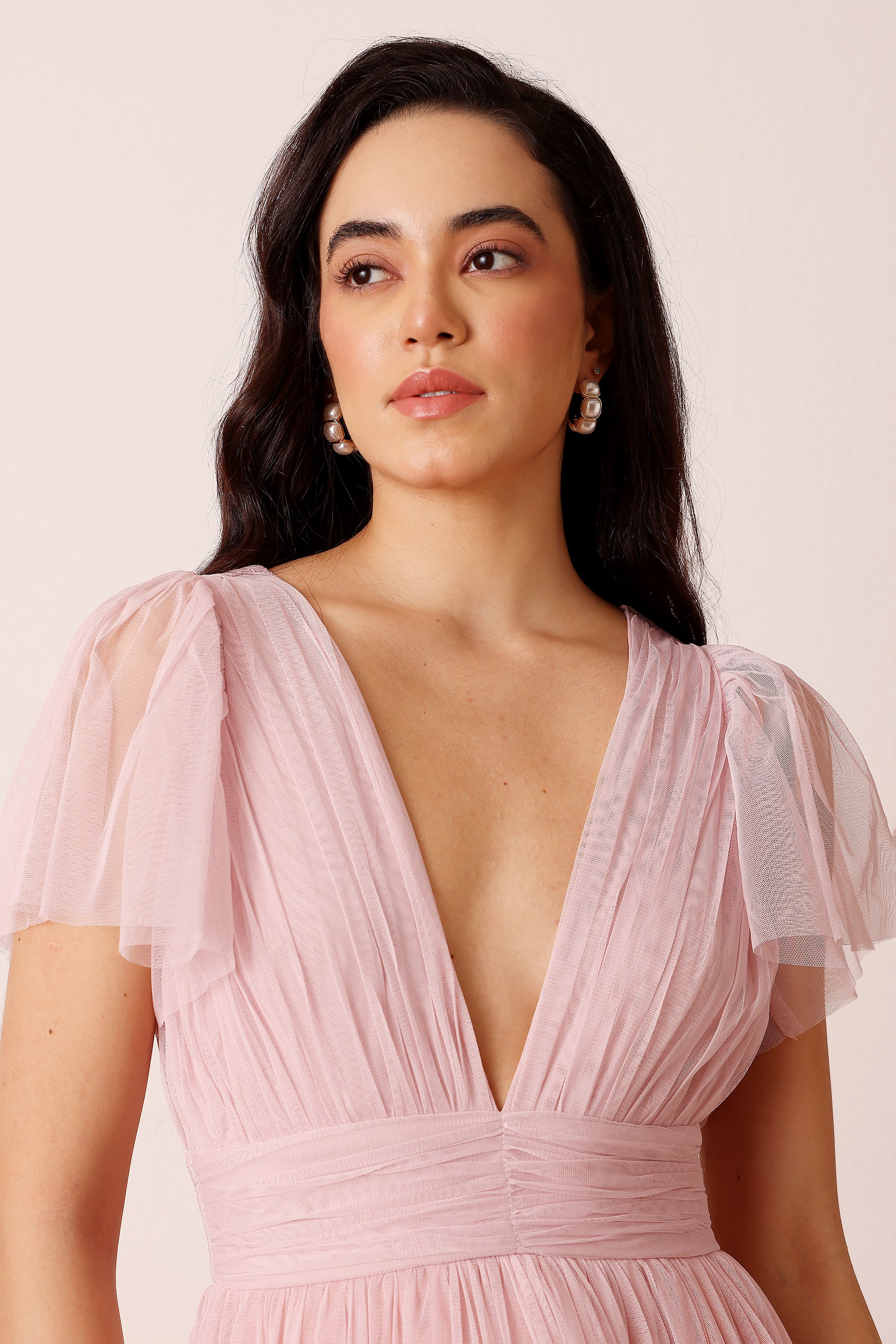 Madison Powder Pink Tulle Midi Bridesmaid Dress
