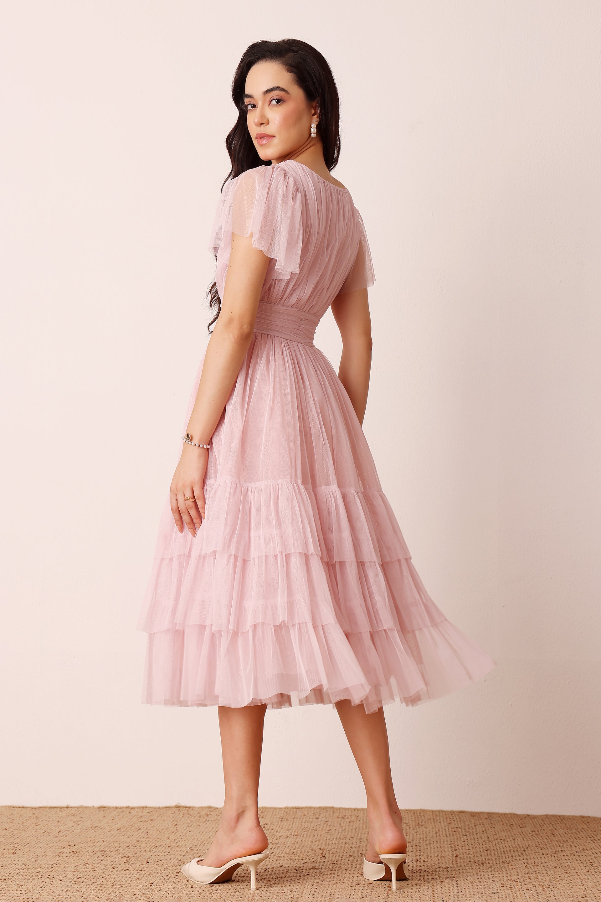 Madison Powder Pink Tulle Midi Bridesmaid Dress