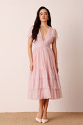 Short butterfly tulle mesh deep-v plunging bridesmaid wedding guest powder pink midi dress cinched waist