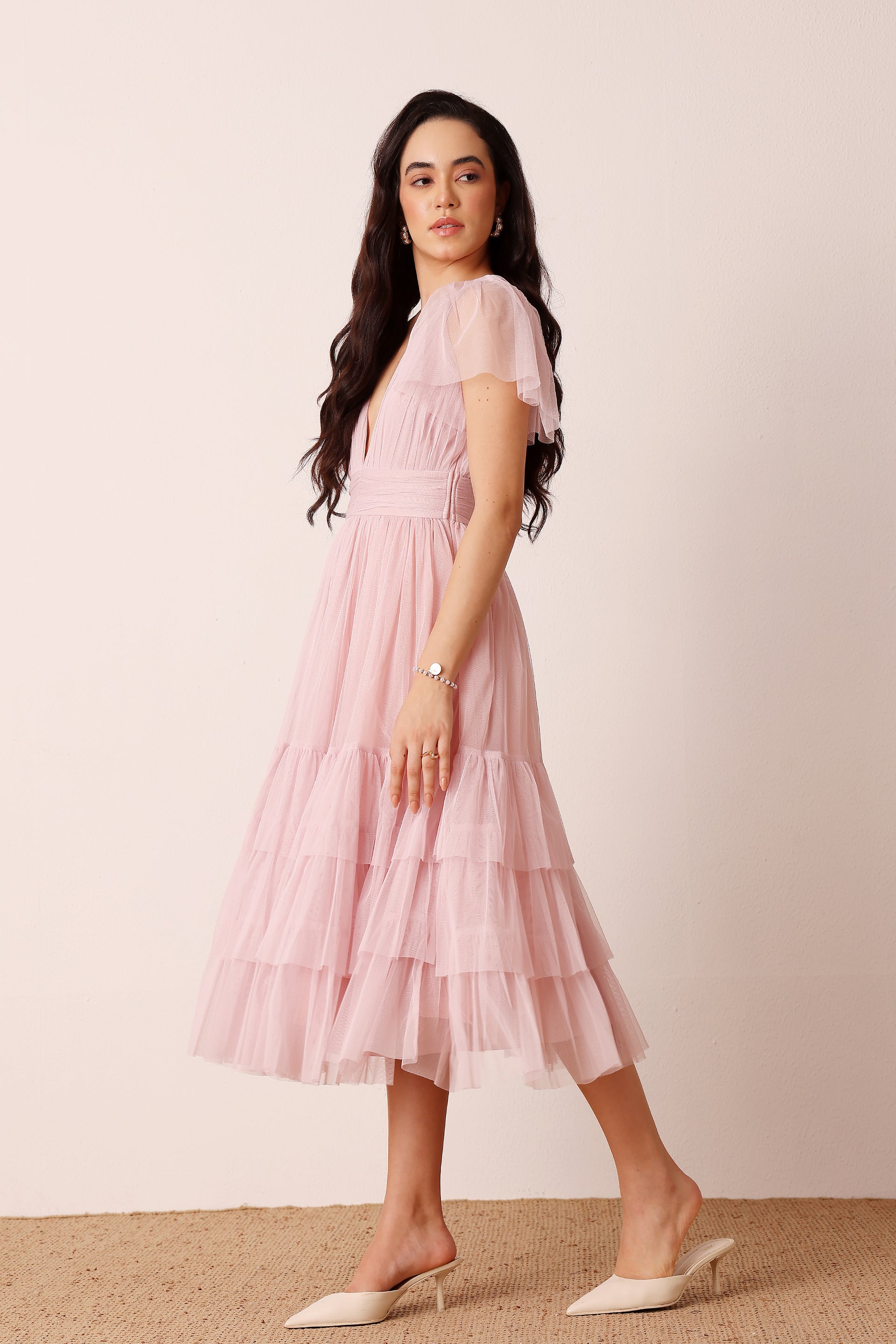 Madison Powder Pink Tulle Midi Bridesmaid Dress